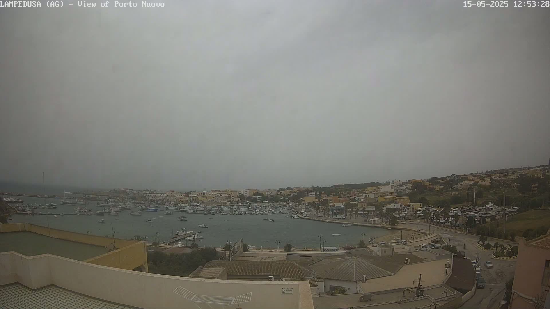A harbor filled with boats is visible below a hazy, overcast sky.