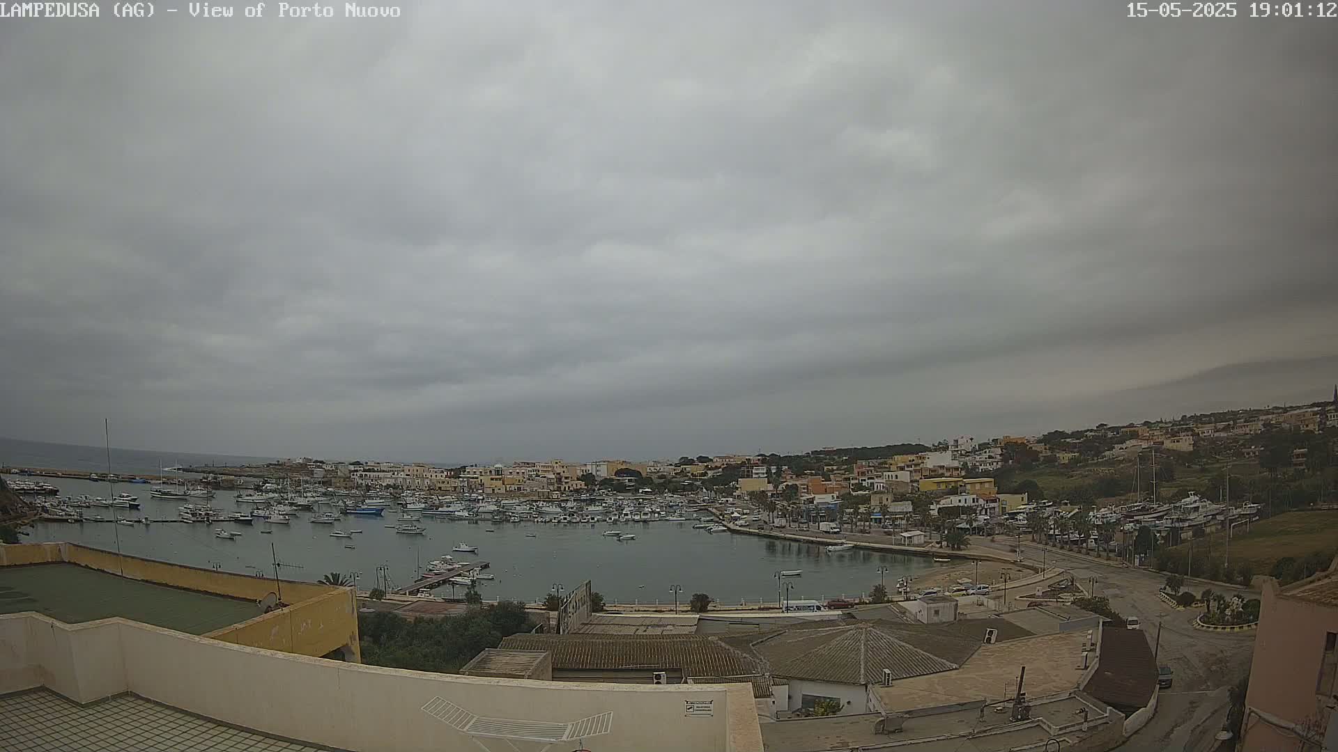 A harbor filled with numerous boats is situated in a town under an overcast sky.