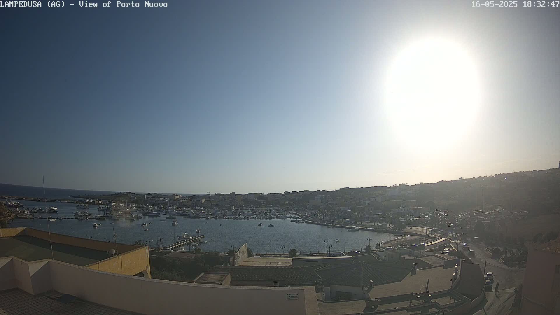 A sunny harbor filled with boats is seen from an elevated vantage point, with a town situated on a hillside beyond it.