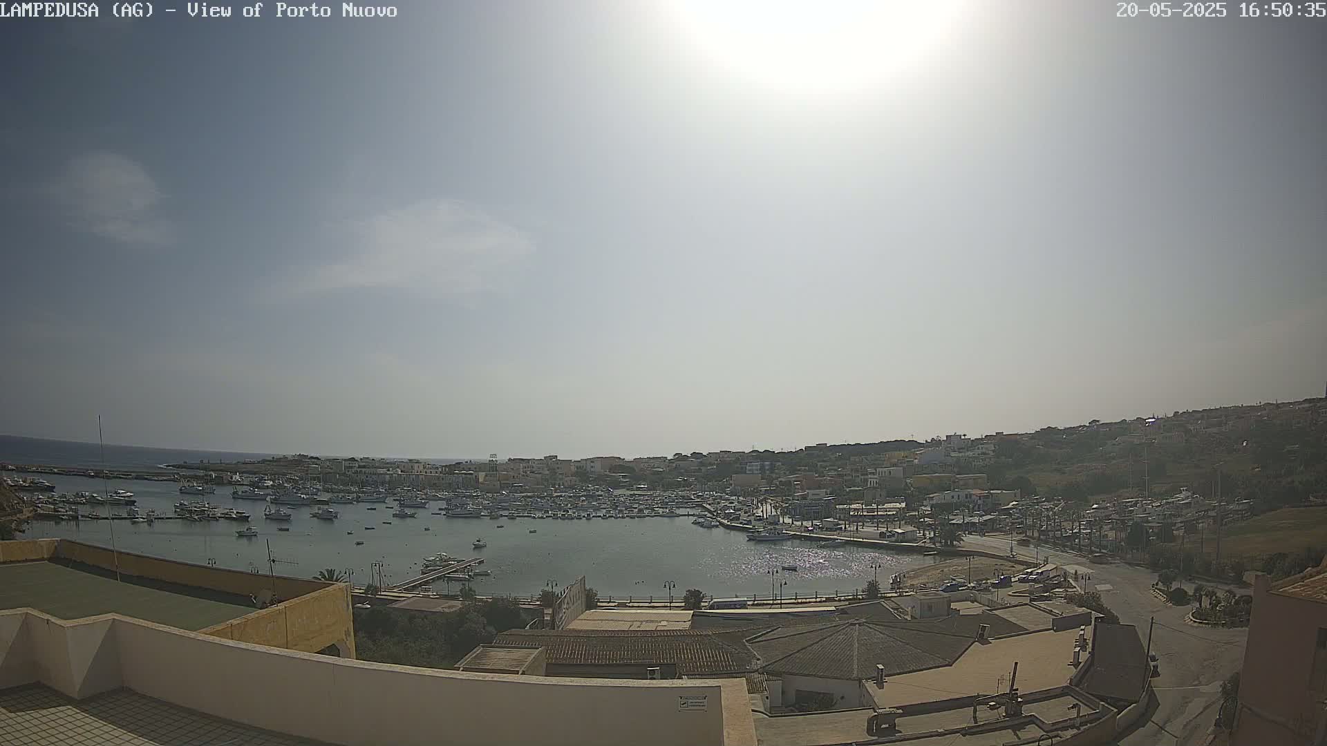 A sunny day reveals a harbor filled with numerous boats, nestled within a town situated on a hillside overlooking the sea.