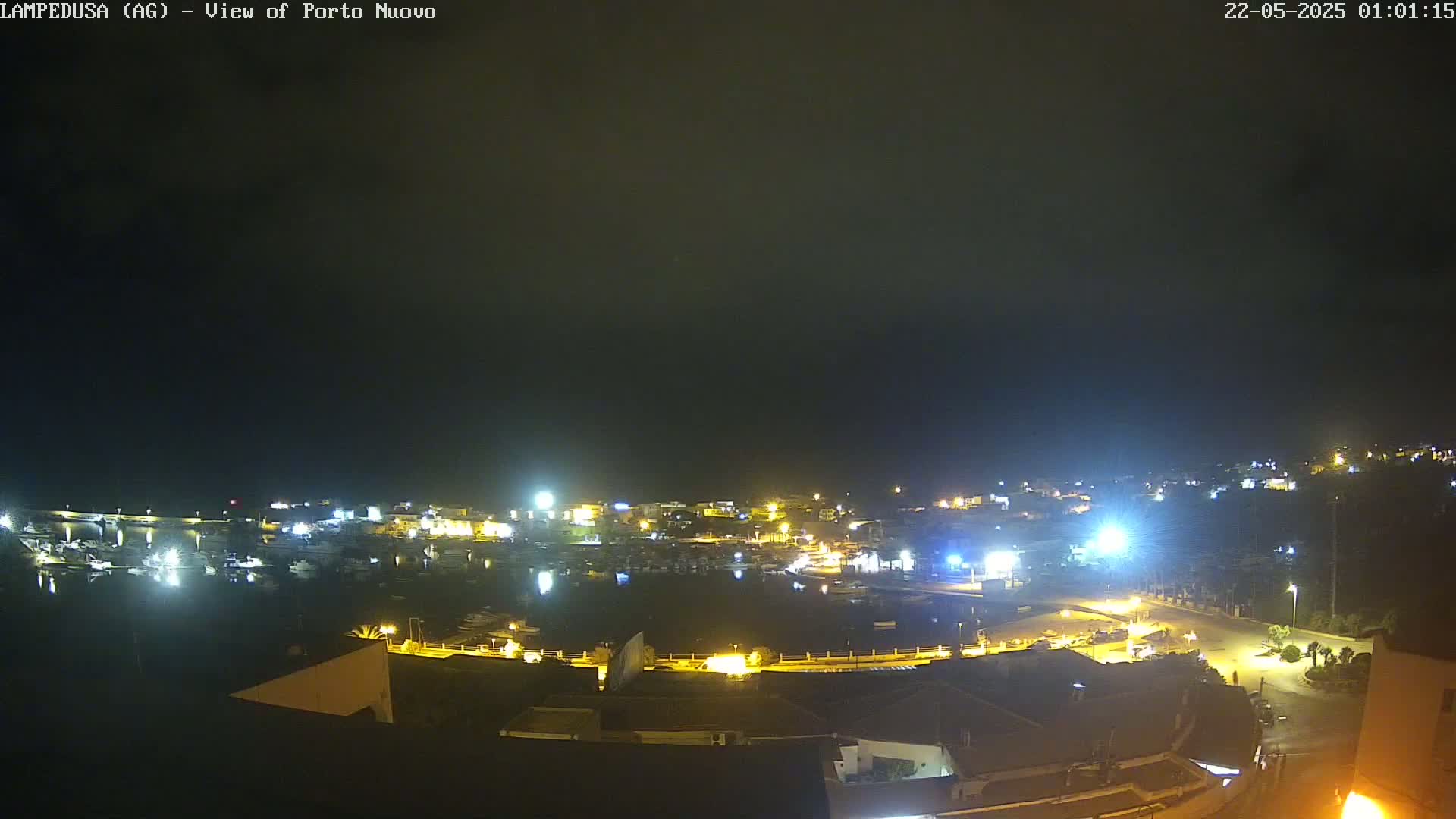 A nighttime, slightly overcast view of a harbor town with many boats and lights illuminating the waterfront and surrounding buildings.