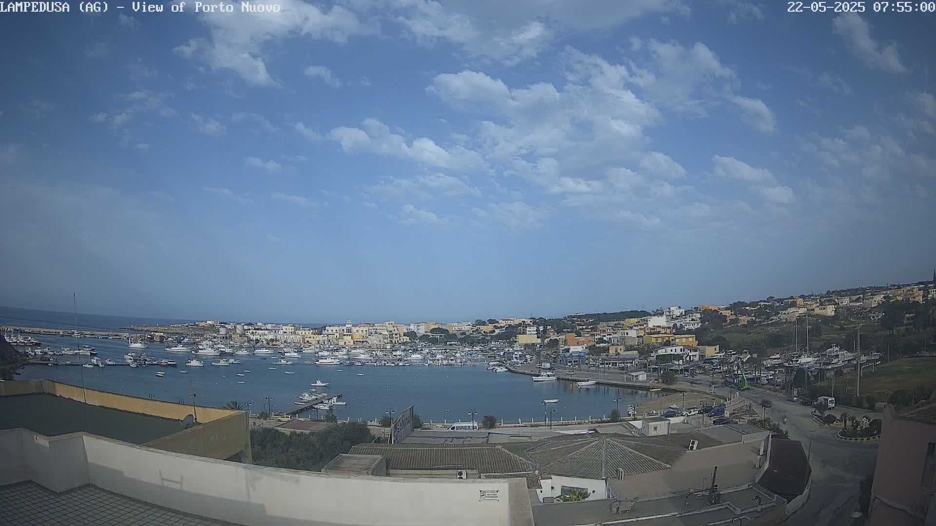 A harbor filled with numerous boats is situated below a mostly clear sky with scattered clouds, overlooking a town built on a hillside.