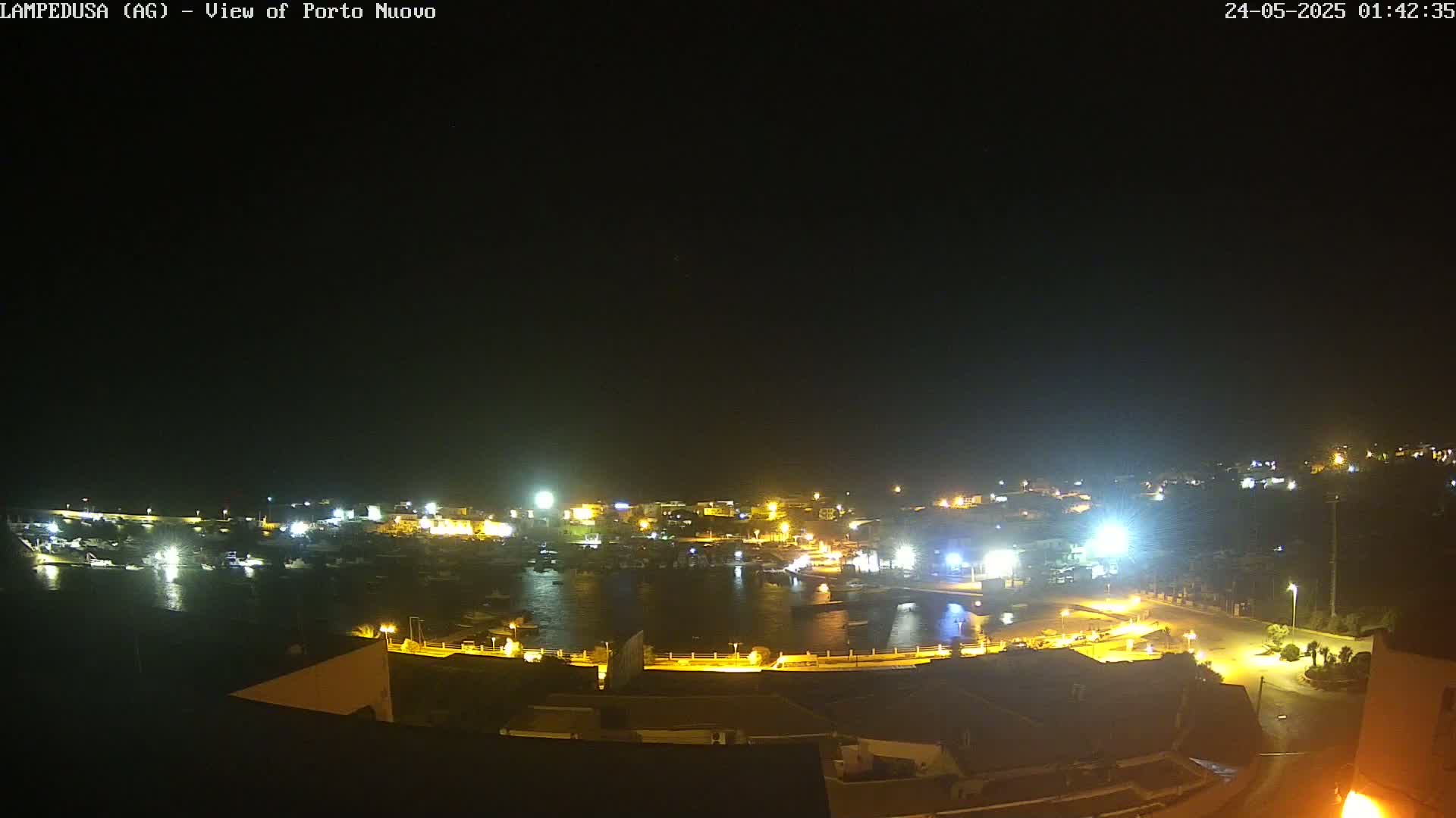 A nighttime view of a harbor filled with boats, surrounded by illuminated buildings and a clear, dark sky.