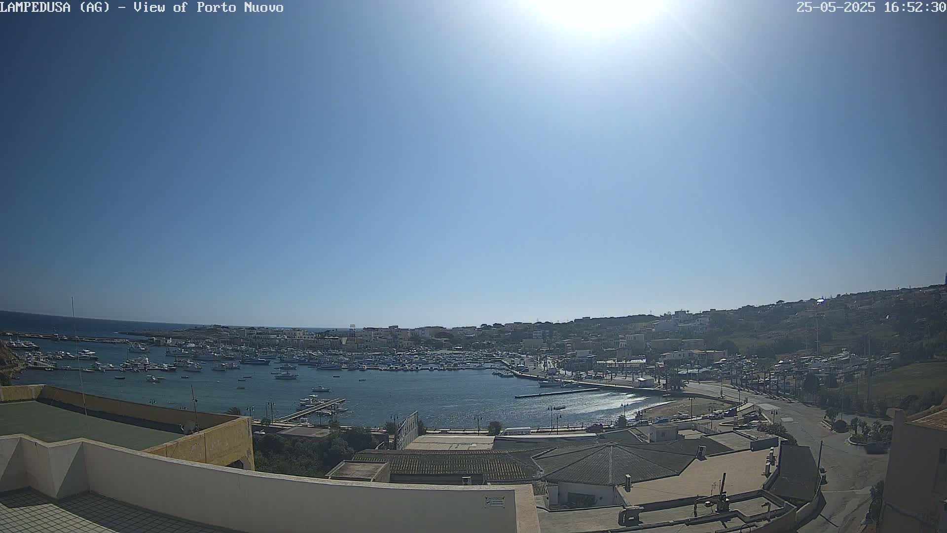 A sunny, clear day overlooks a harbor filled with numerous boats, adjacent to a town built on a hillside.