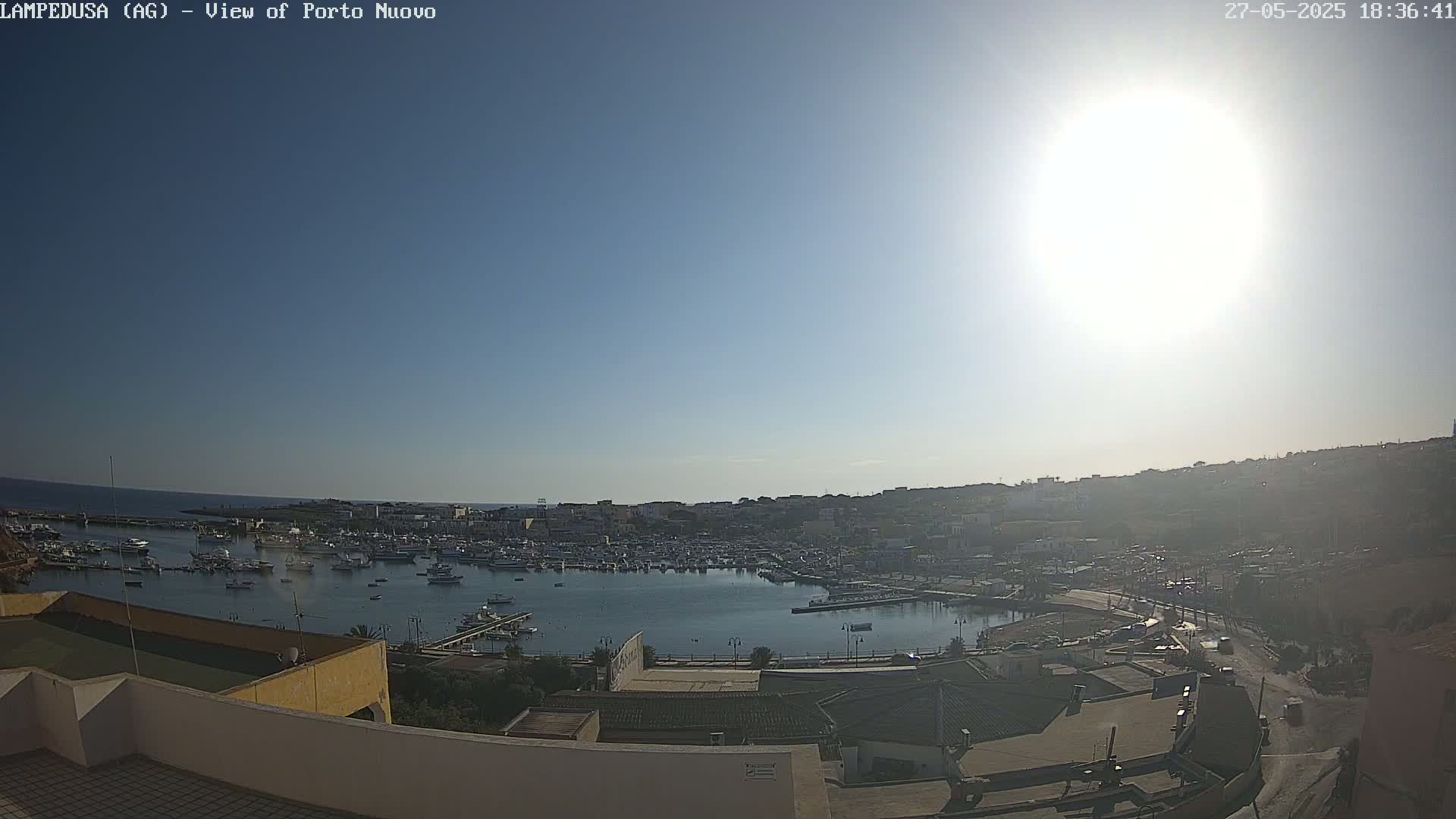 A sunny day overlooks a harbor filled with numerous boats and a town built on a hillside.