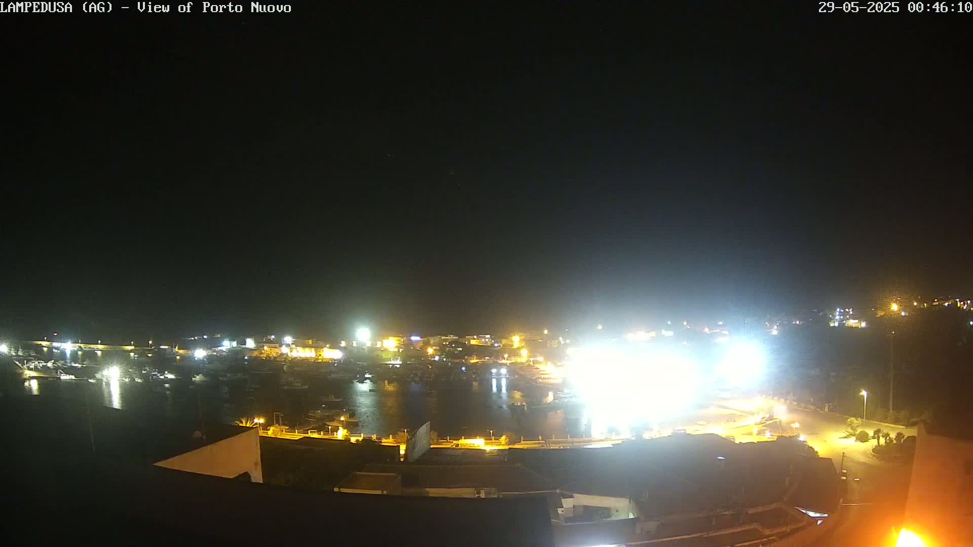 A nighttime view of a harbor filled with boats, brightly lit by artificial lights under a clear, dark sky.