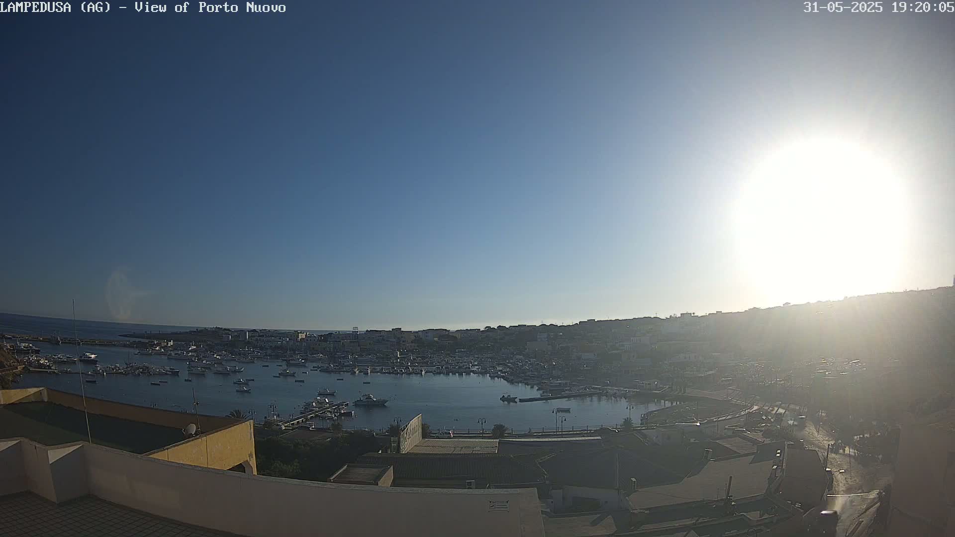 A high-angle, sunny view of a harbor filled with boats, adjacent to a town built on a hillside.
