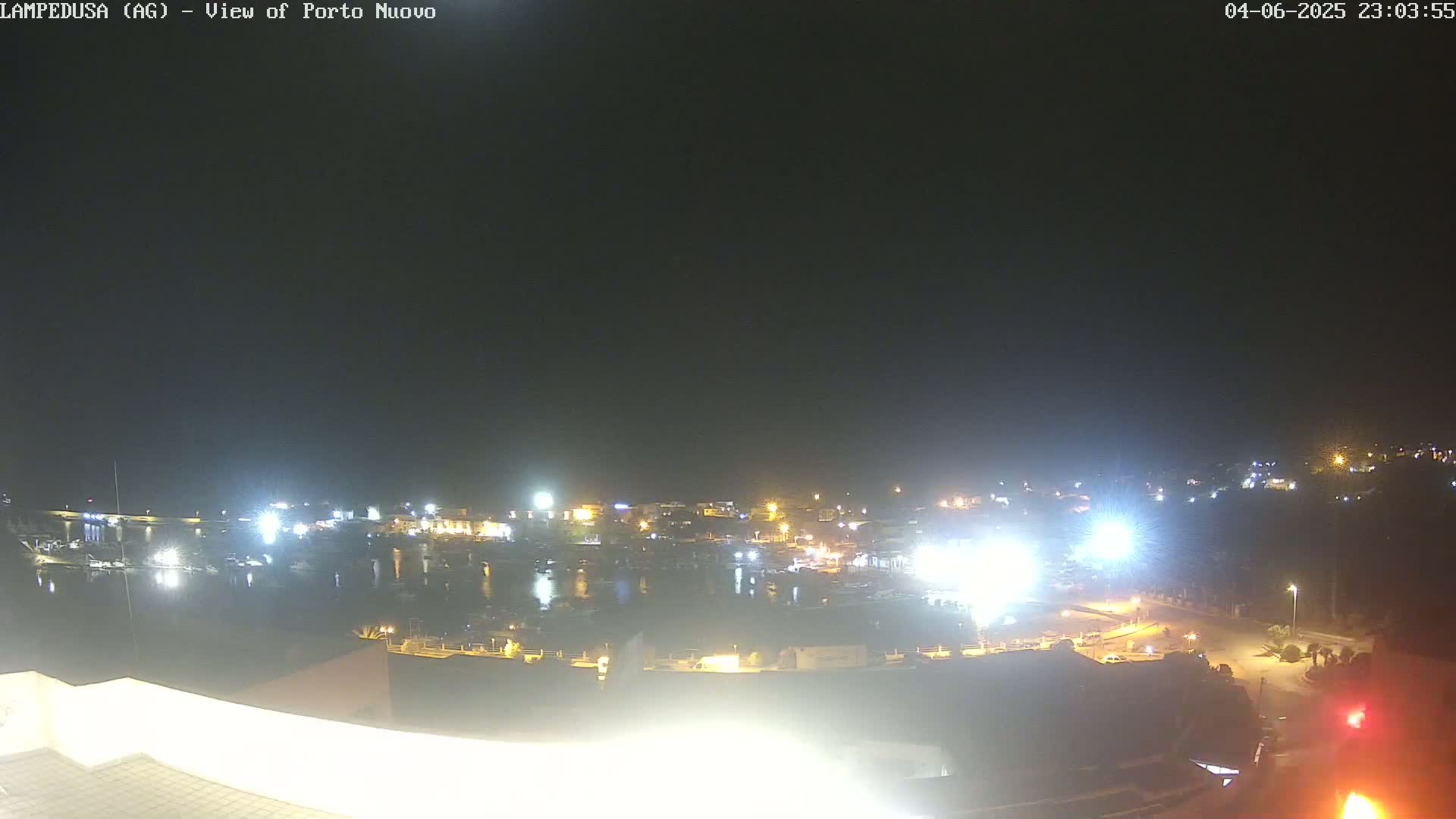 A nighttime view of a harbor with many boats and buildings illuminated, under a clear, dark sky.