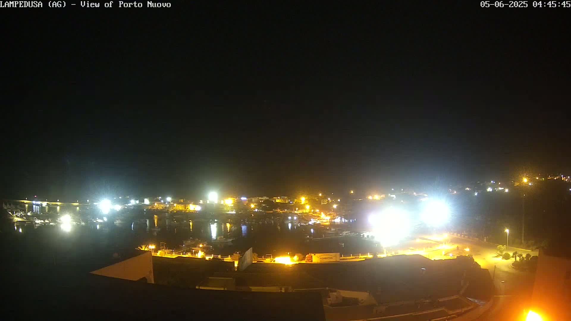 A nighttime, brightly lit harbor filled with boats is seen from an elevated vantage point under a clear, dark sky.