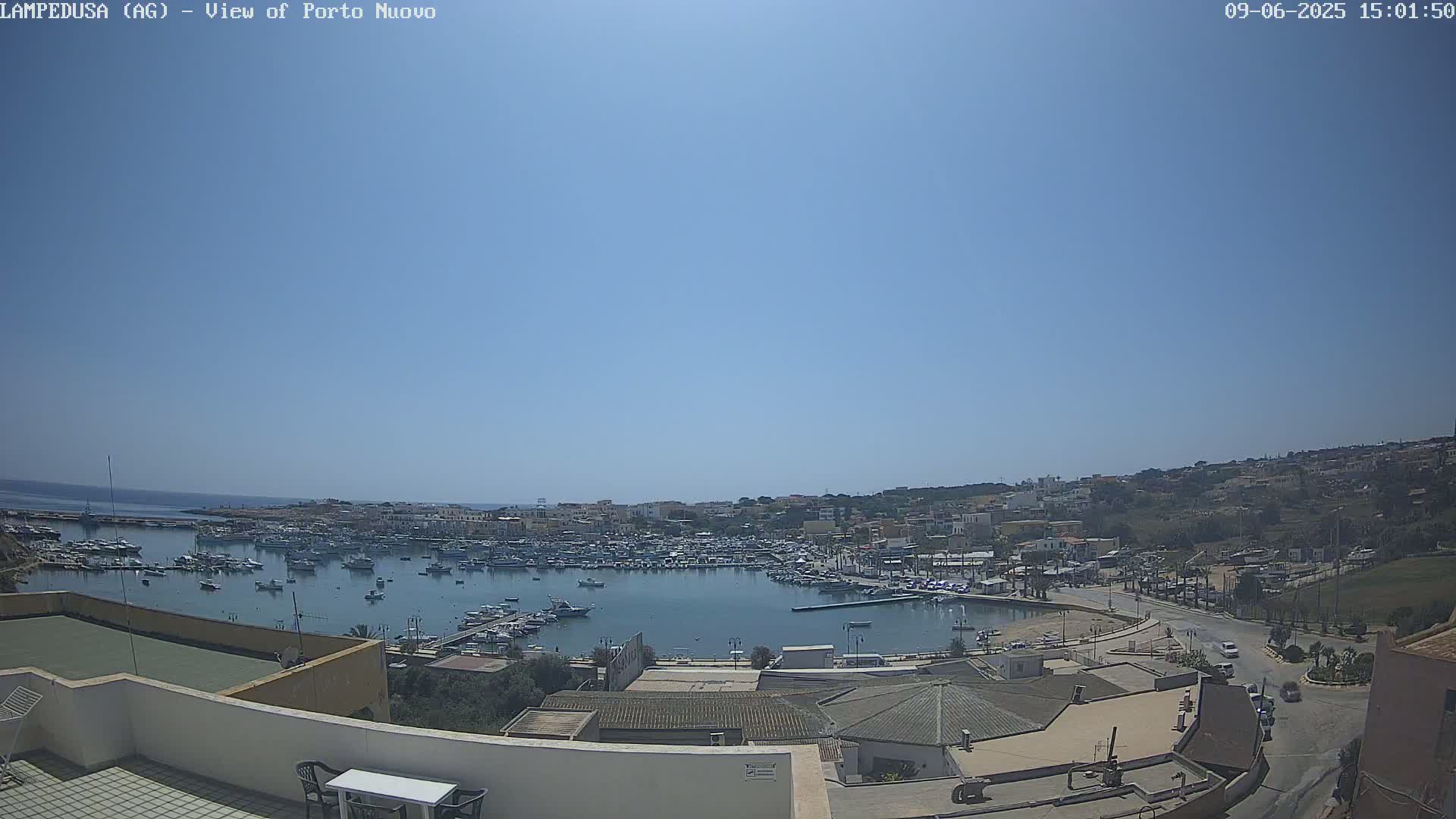 A harbor filled with boats is seen from an elevated vantage point on a clear, sunny day.