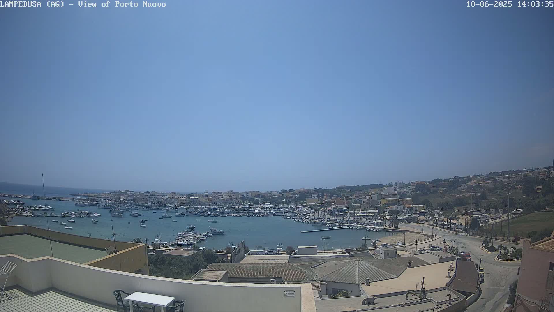 A sunny day overlooking a harbor filled with boats, adjacent to a town built on a hillside.