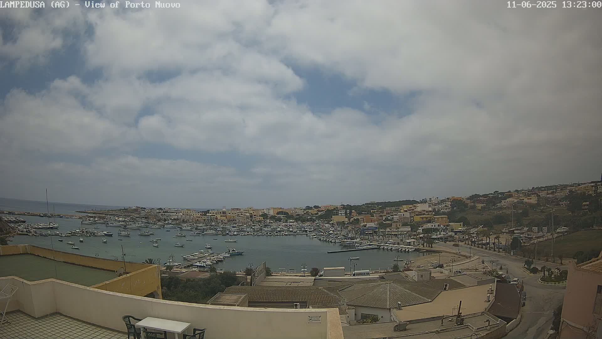 A partly cloudy day overlooks a harbor filled with numerous boats and a town of low-rise buildings situated on a hillside.