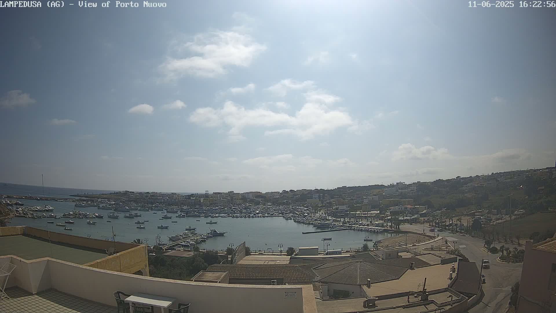 A sunny day with partly cloudy skies overlooks a harbor filled with numerous boats and a town built on a hillside.