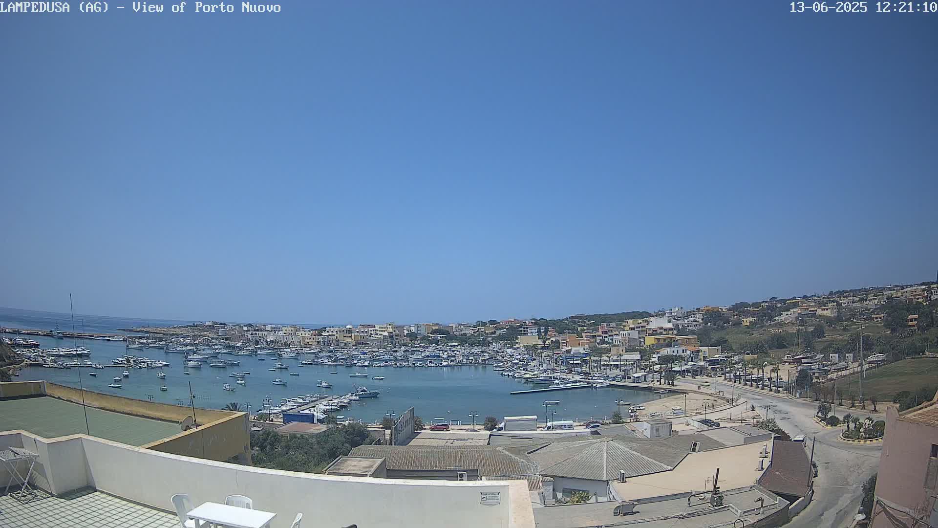 A harbor filled with numerous boats is situated below a hillside town under a clear blue sky.