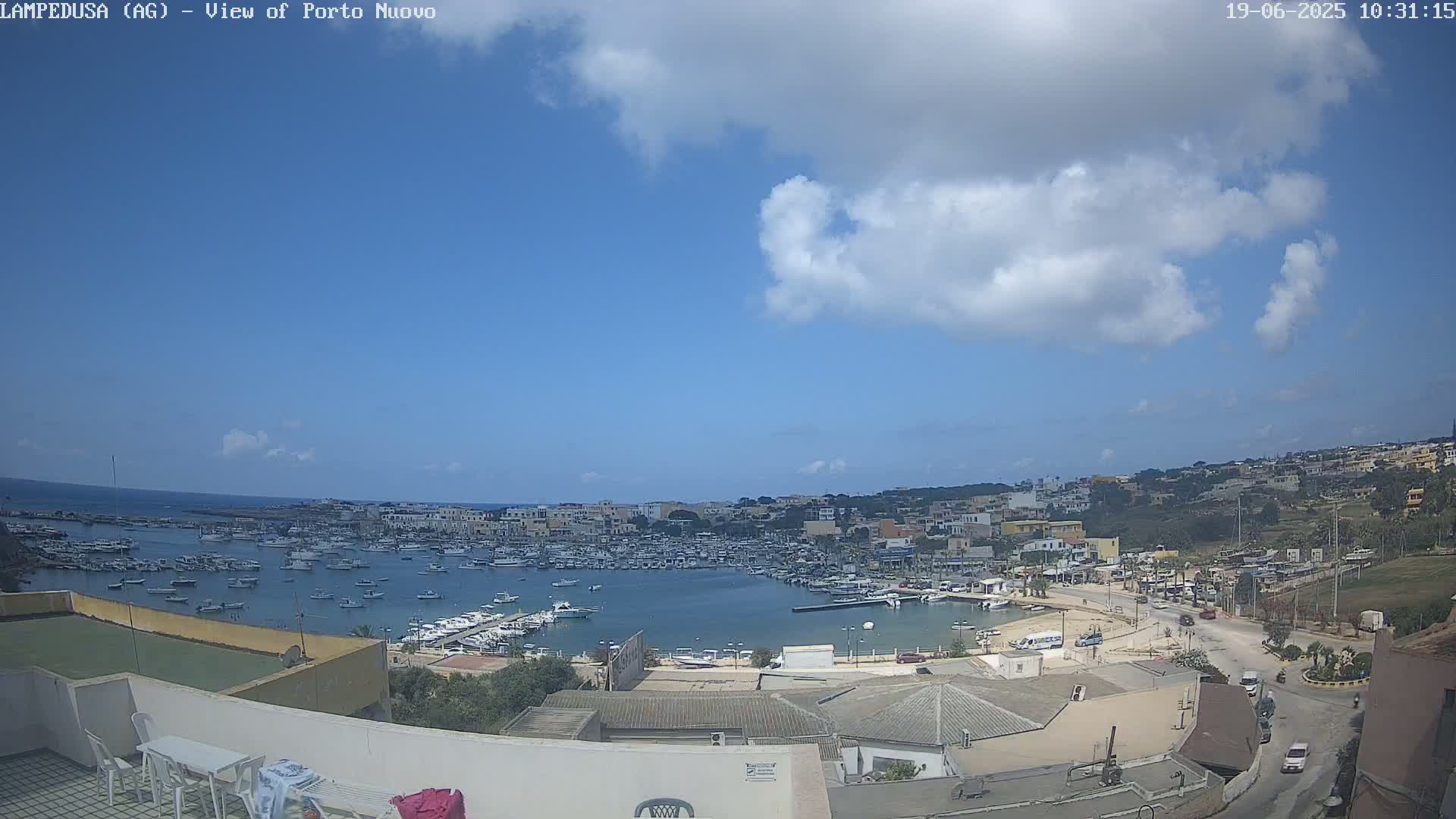 A mostly sunny day shows a harbor filled with boats, surrounded by a town built into a hillside, all seen from an elevated vantage point.