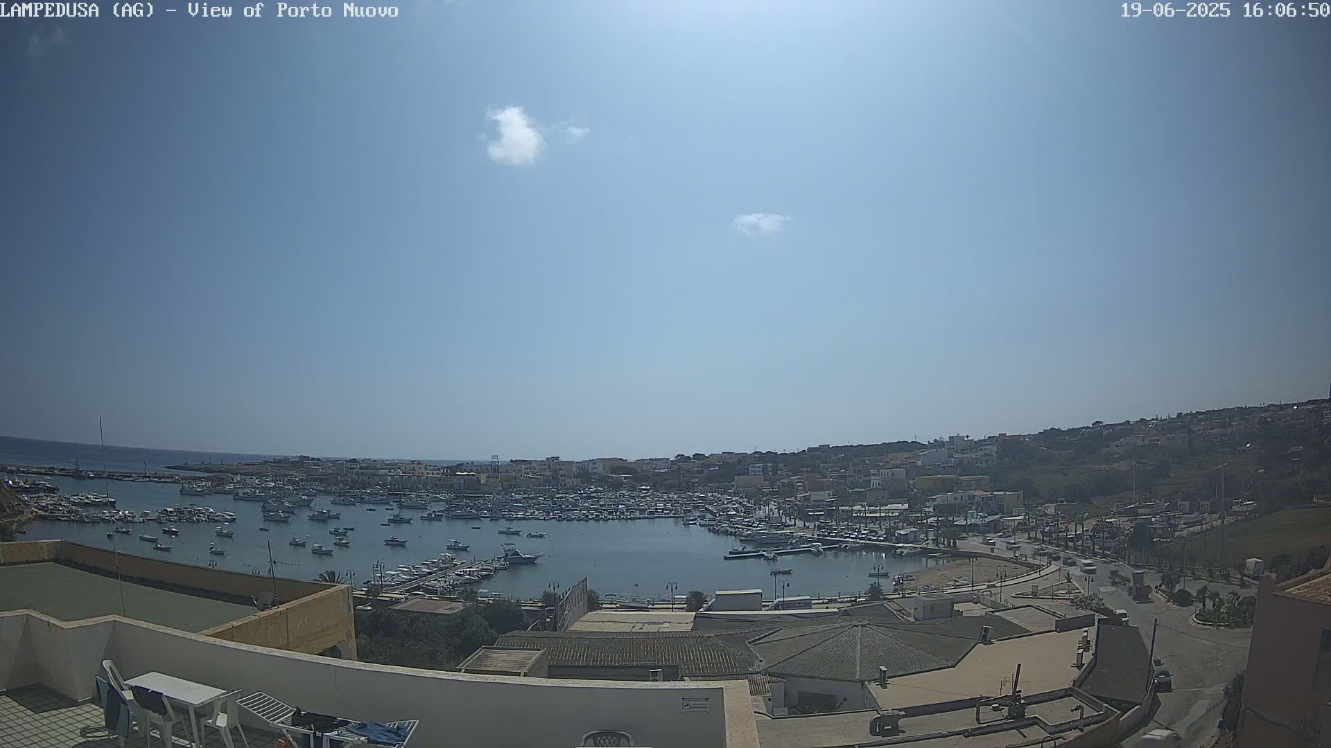 A mostly sunny day overlooks a harbor filled with boats and a town nestled on a hillside.