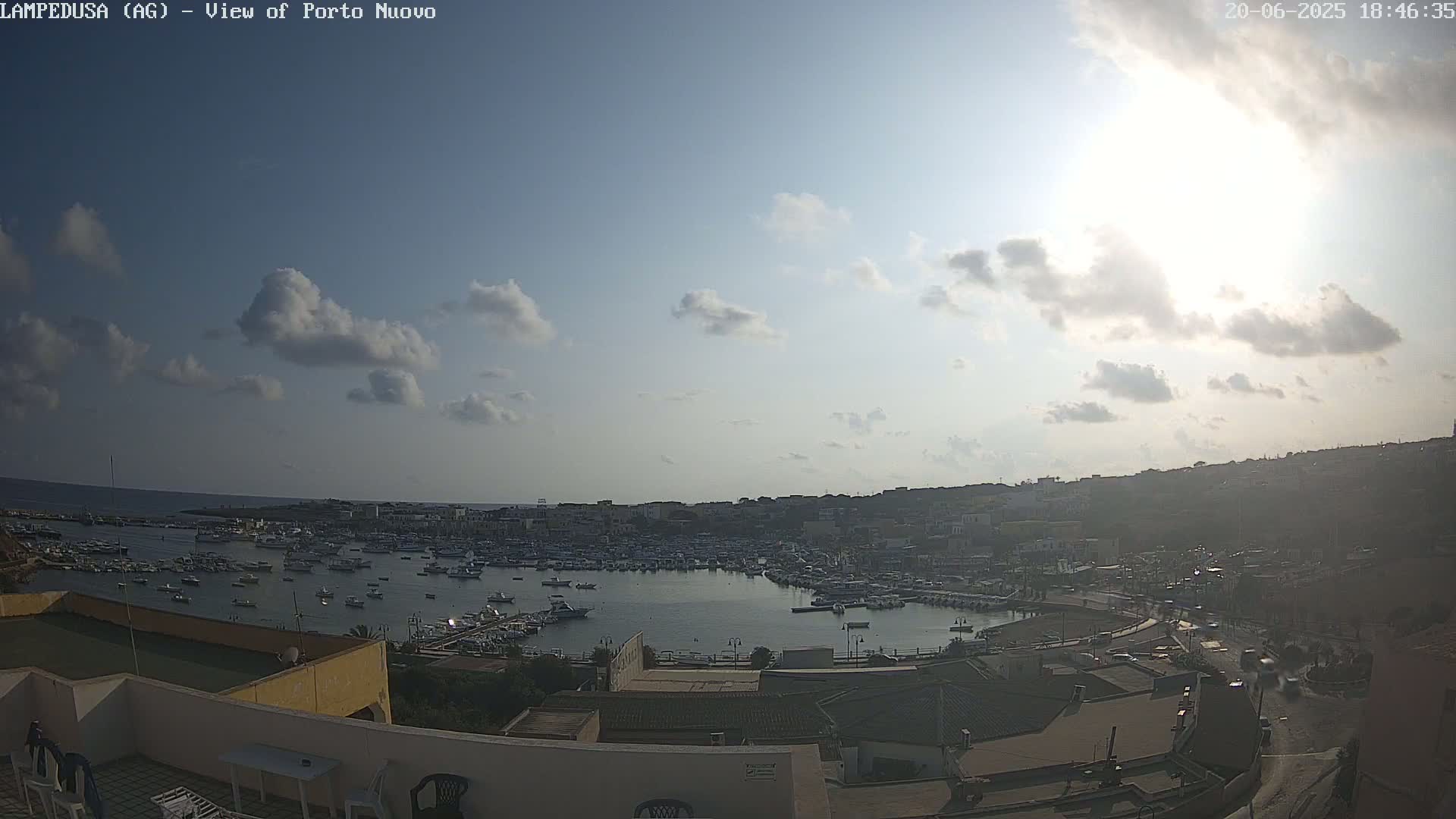 A sunny day with scattered clouds overlooks a harbor filled with numerous boats and a town built into a hillside.