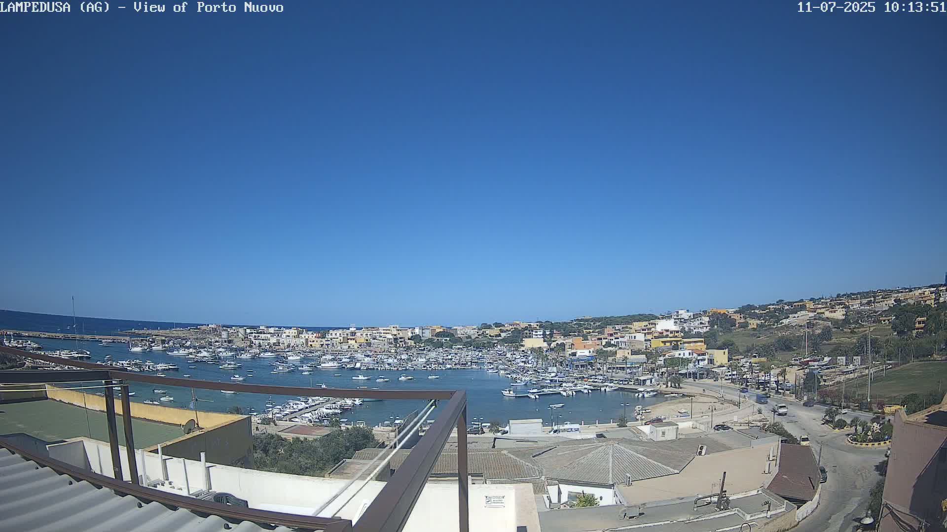 A harbor filled with many boats is seen from an elevated viewpoint on a clear, sunny day.