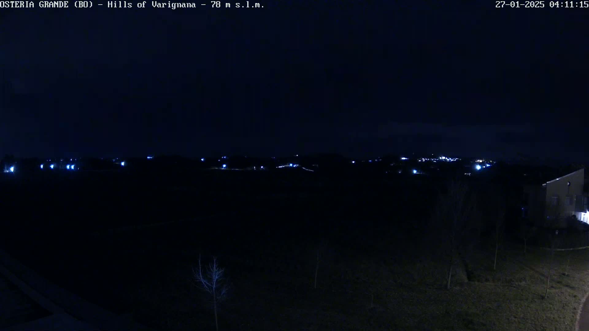 A nighttime, dark view of a sparsely lit landscape with a few distant lights visible on a hill in the background.