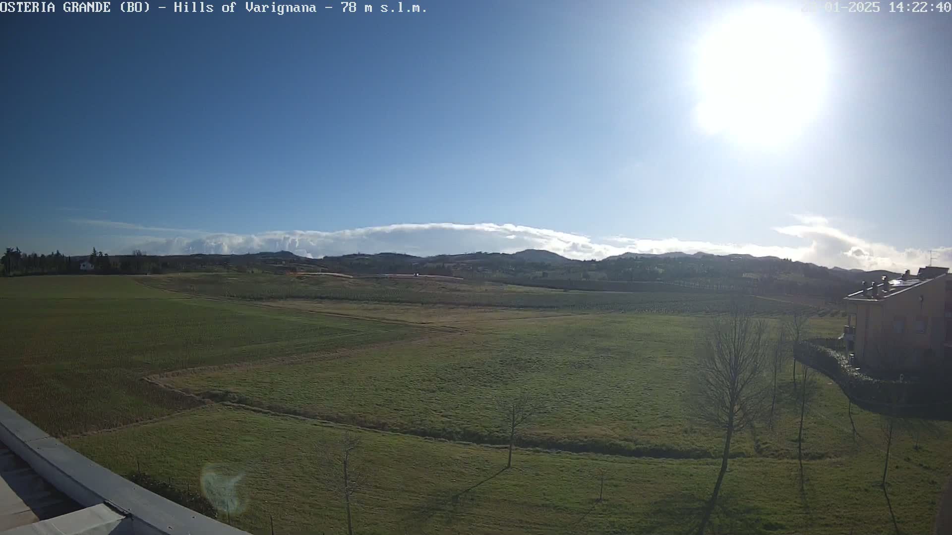 A mostly sunny day with some thin clouds over a sprawling green field, low hills in the distance, and a few leafless trees near a building.