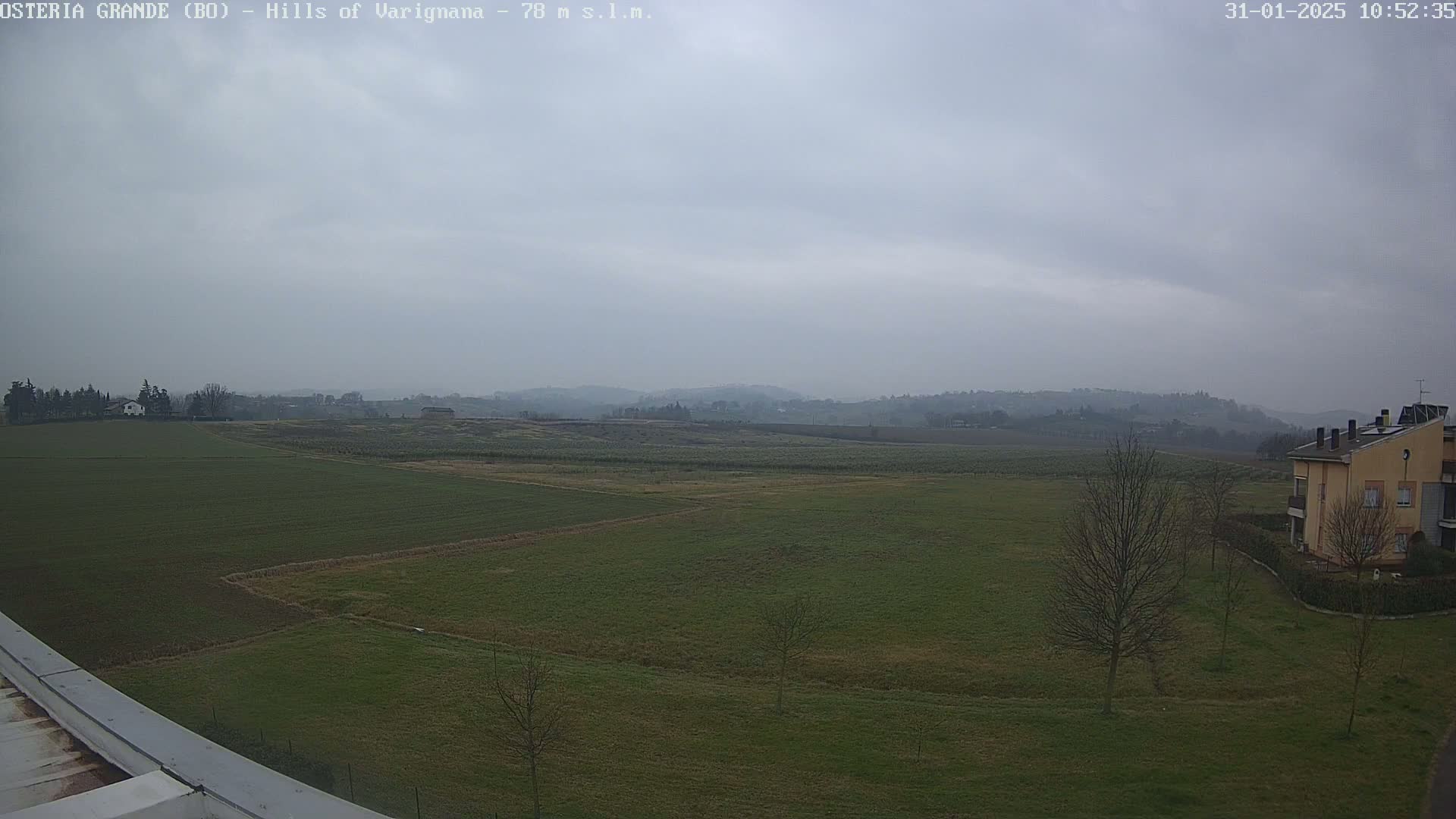 A flat, green field stretches to rolling hills under an overcast sky.