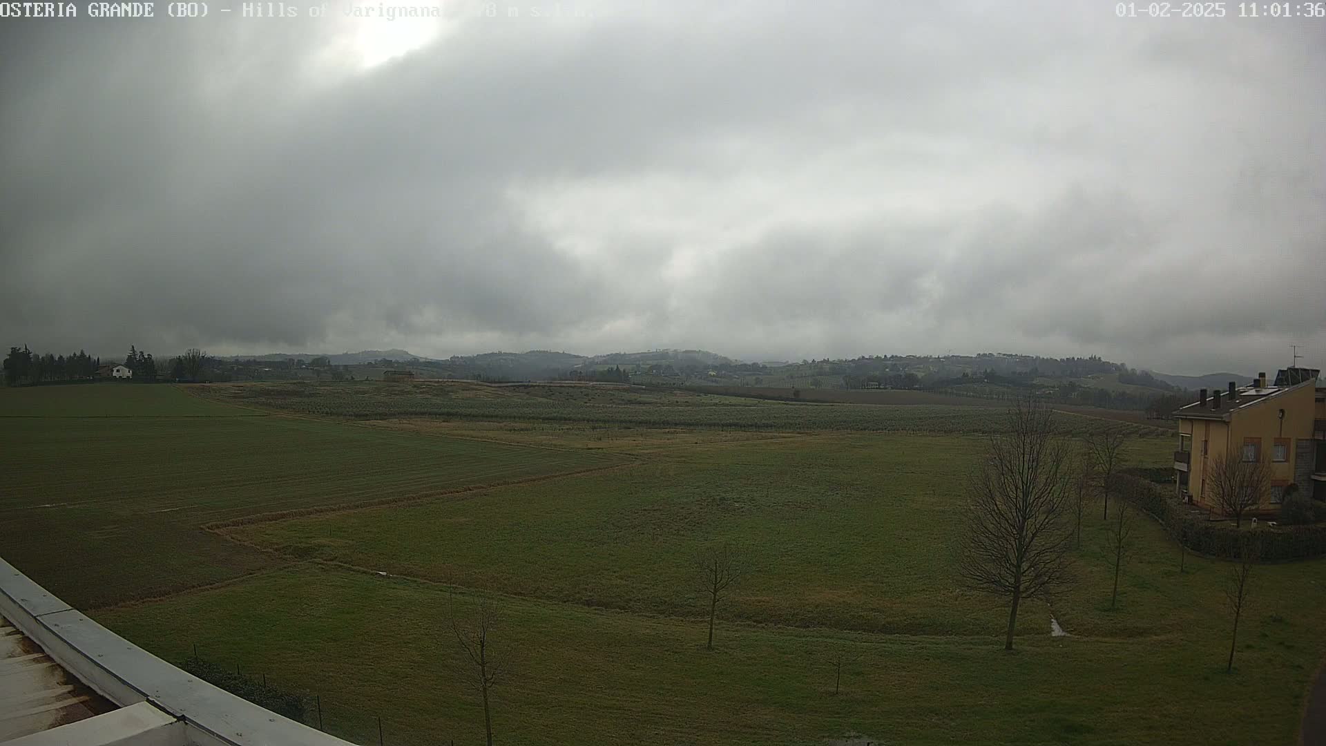 A wide, overcast view shows a flat, green field extending to rolling hills under a gray, cloudy sky.