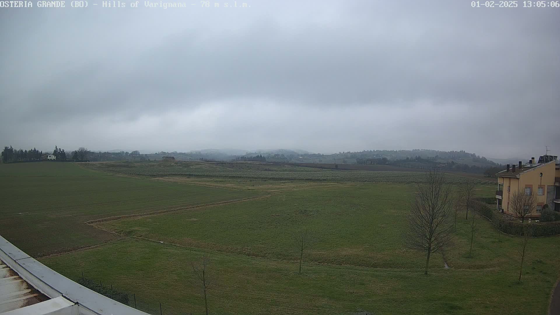 A wide, flat expanse of green farmland stretches to rolling hills under a gray, overcast sky.