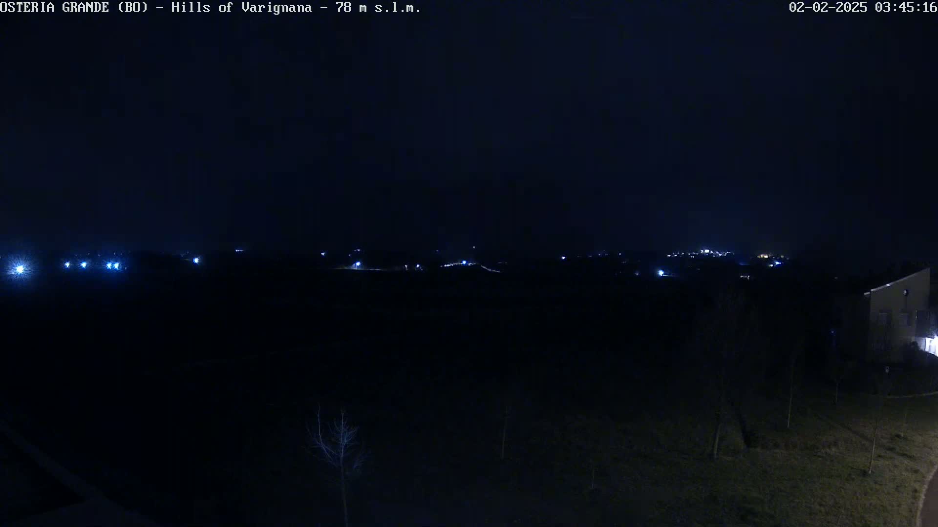 A nighttime, dark view of a landscape with a few distant lights and some bare trees in the foreground.