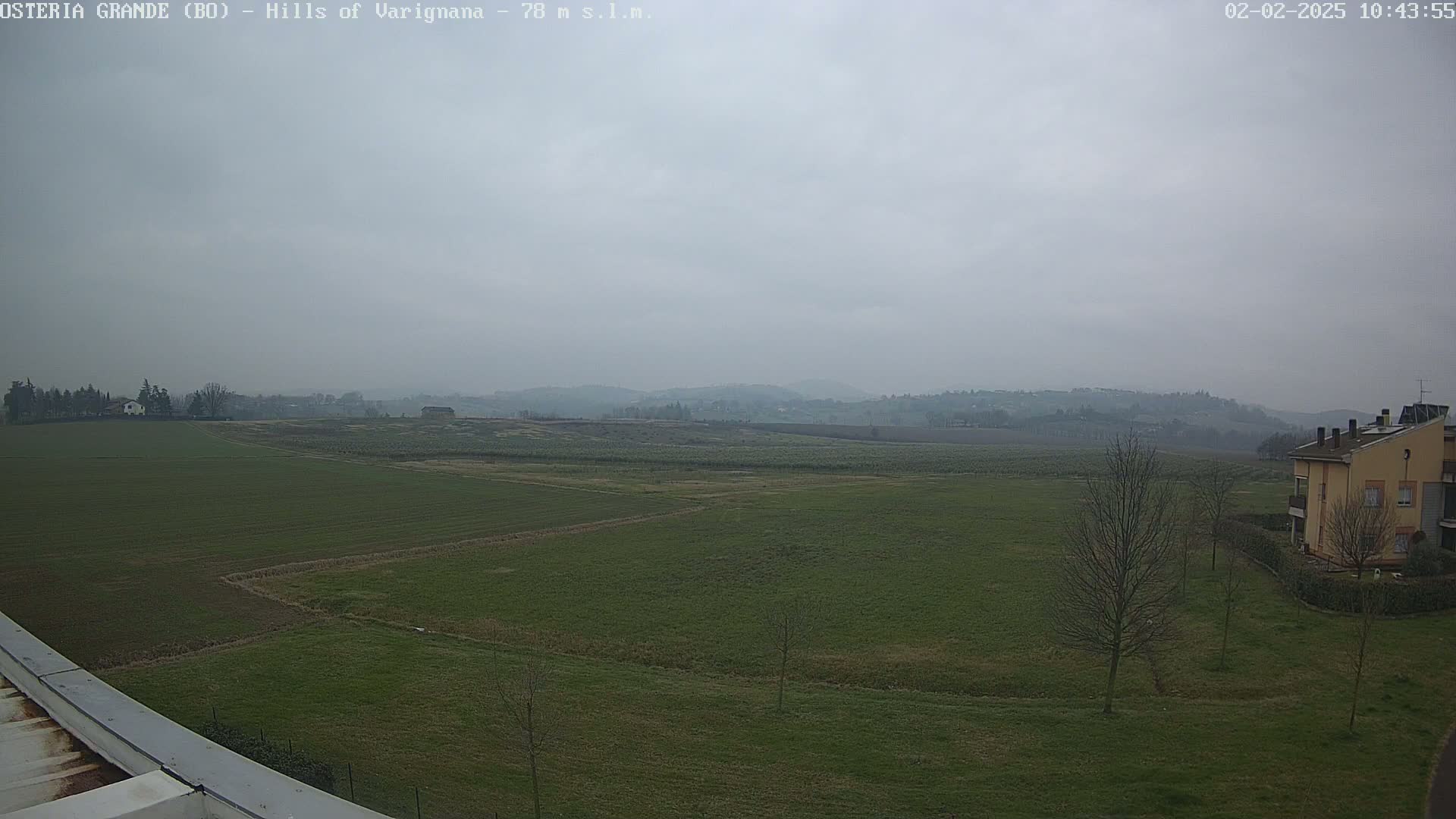 A wide, flat field of green grass stretches towards distant, hazy hills under a cloudy, overcast sky.