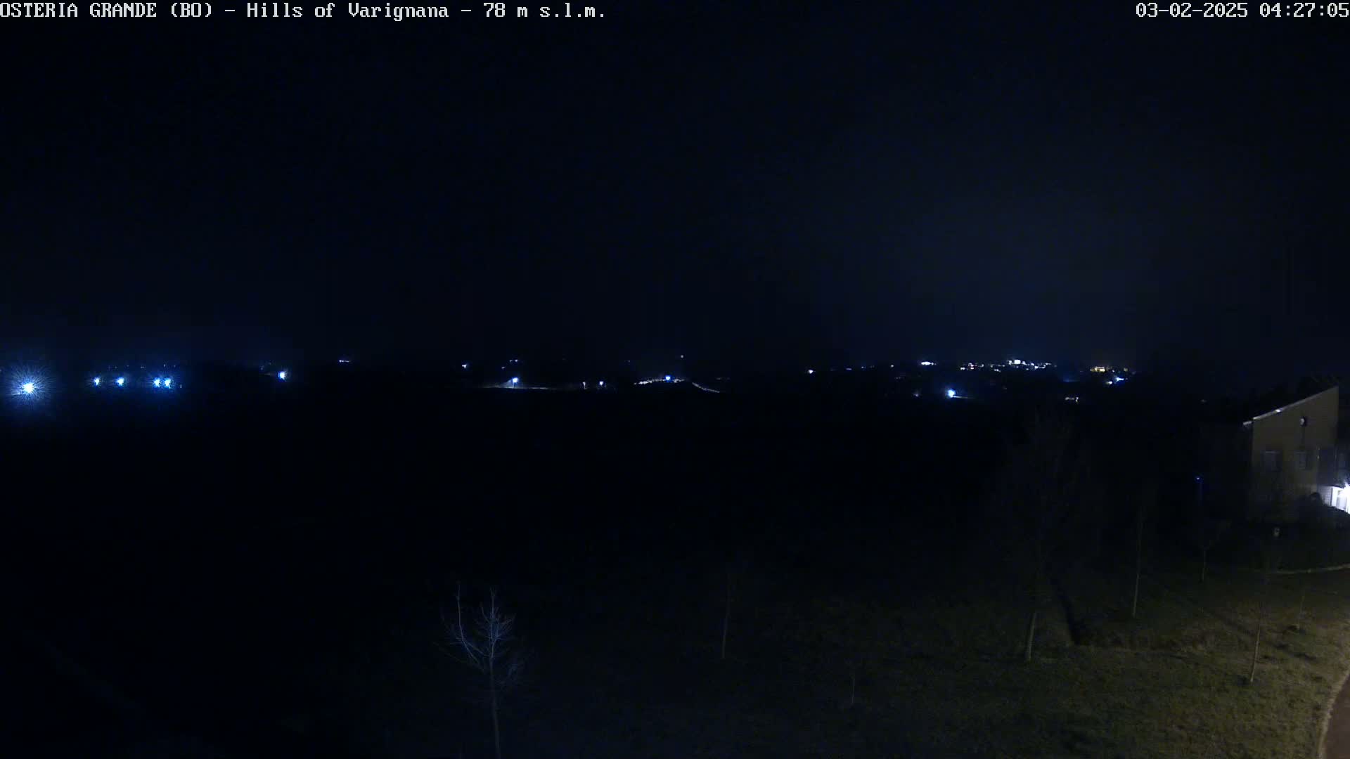 A nighttime, long shot of a dark landscape with sparsely spaced lights visible in the distance and a few bare trees in the foreground.