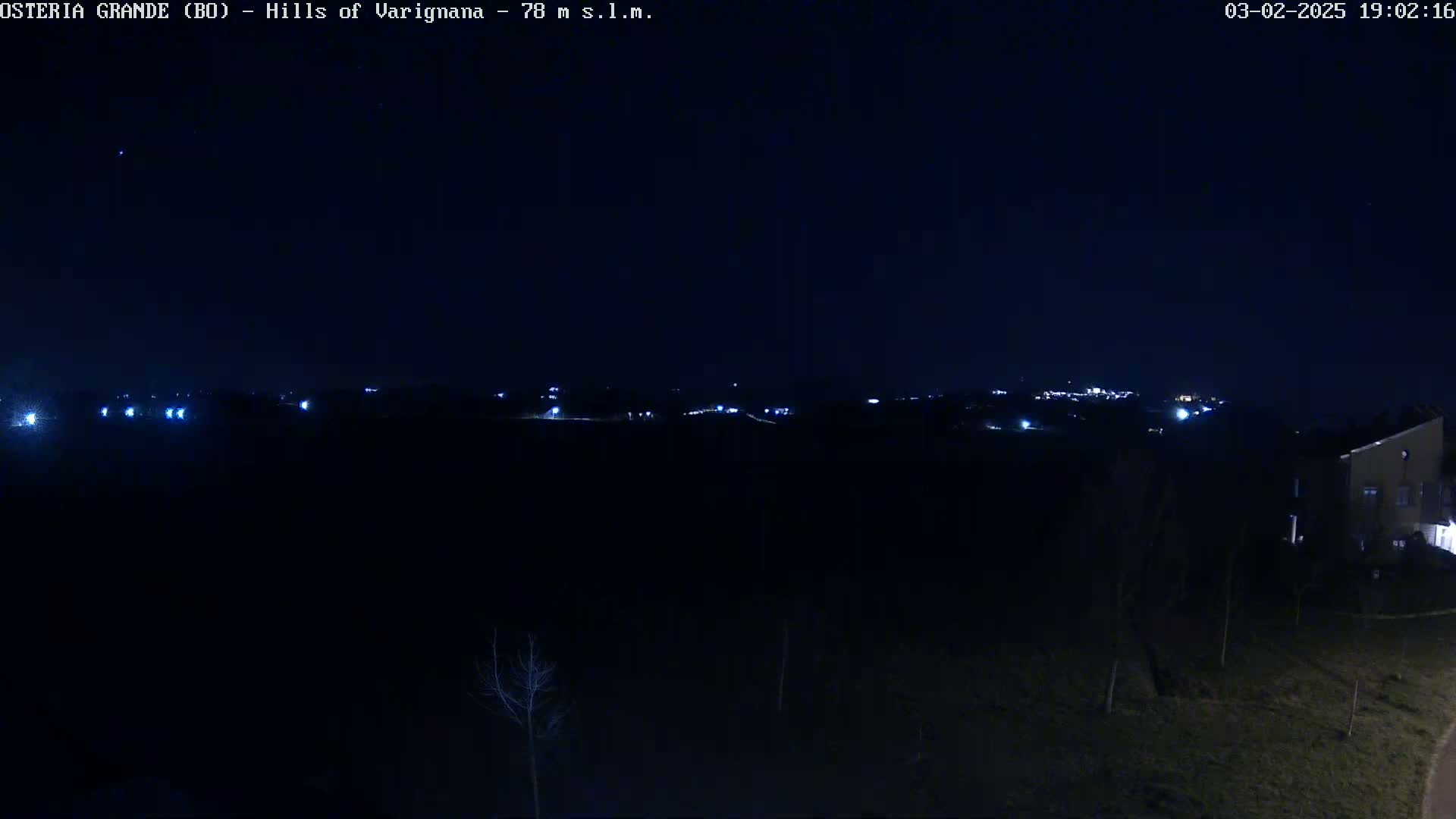A nighttime view shows a dark landscape with a distant line of lights, a few bare trees in the foreground, and a building on the lower right.
