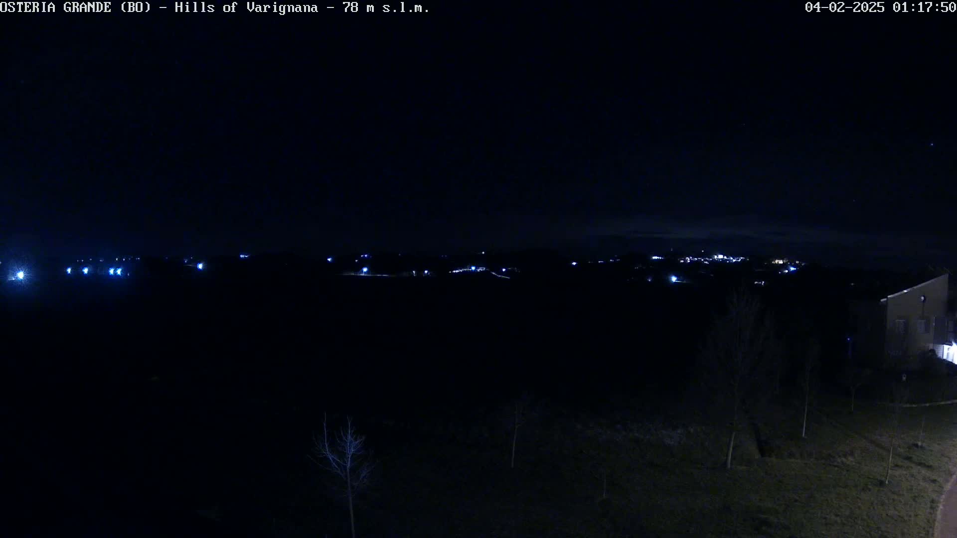 A nighttime view of a dark landscape with distant lights, a few bare trees, and a building in the lower right corner under a clear, dark sky.