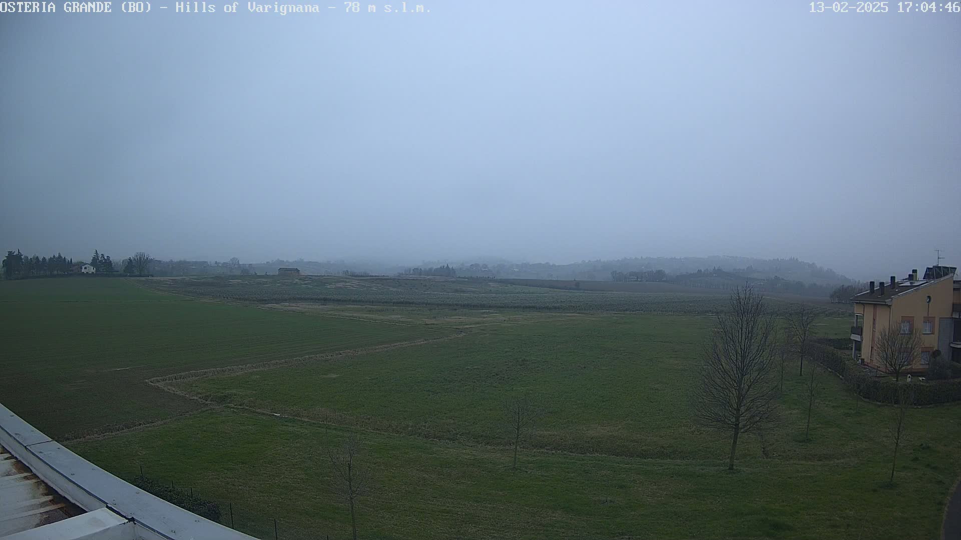 A hazy, overcast day reveals a wide expanse of flat, green farmland punctuated by a few buildings and bare trees.