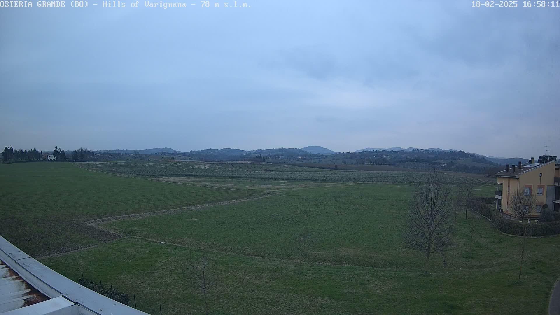 A sprawling green field stretches towards a line of distant hills under a pale, overcast sky.