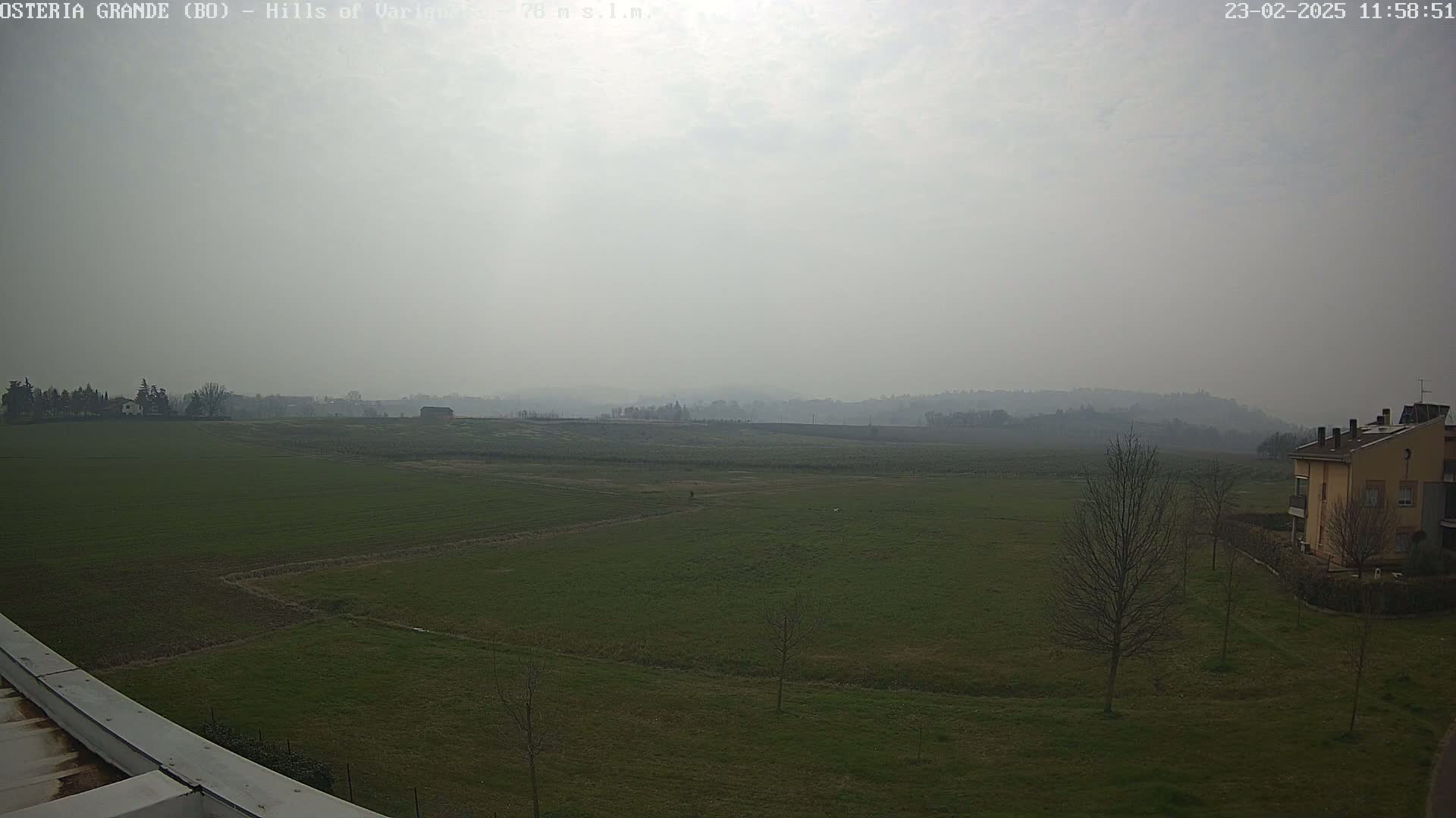 A hazy, overcast day reveals a flat expanse of green farmland, punctuated by a few leafless trees and a tan building in the lower right corner, with distant hills visible on the horizon.