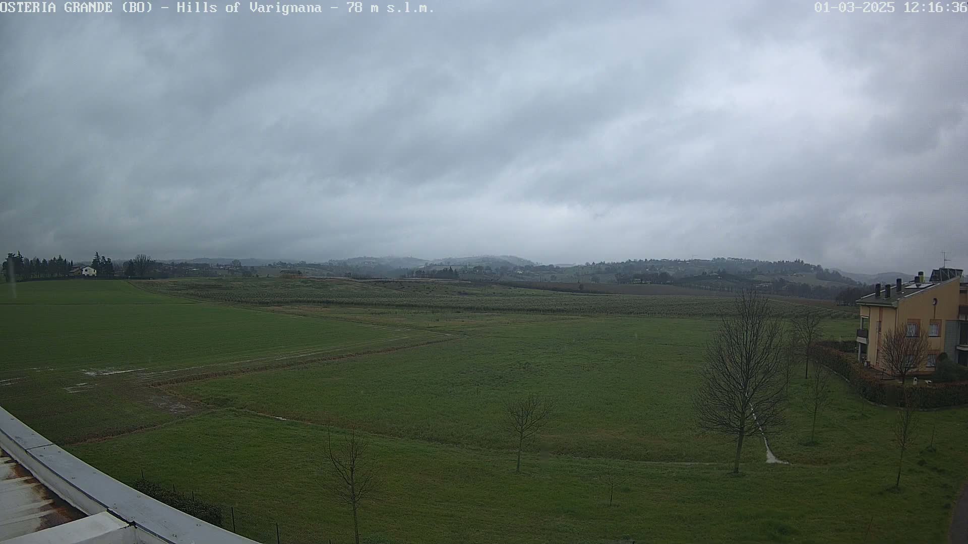 A wide, overcast view shows green fields, a few buildings, and bare trees under a gray sky.