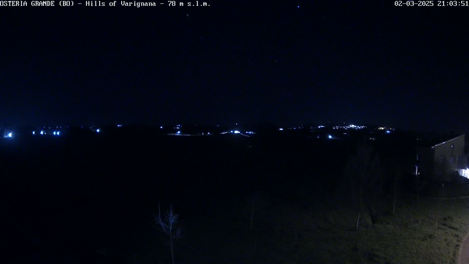 A dark, nighttime view of distant city lights across a field with a few bare trees and a building on the lower right.
