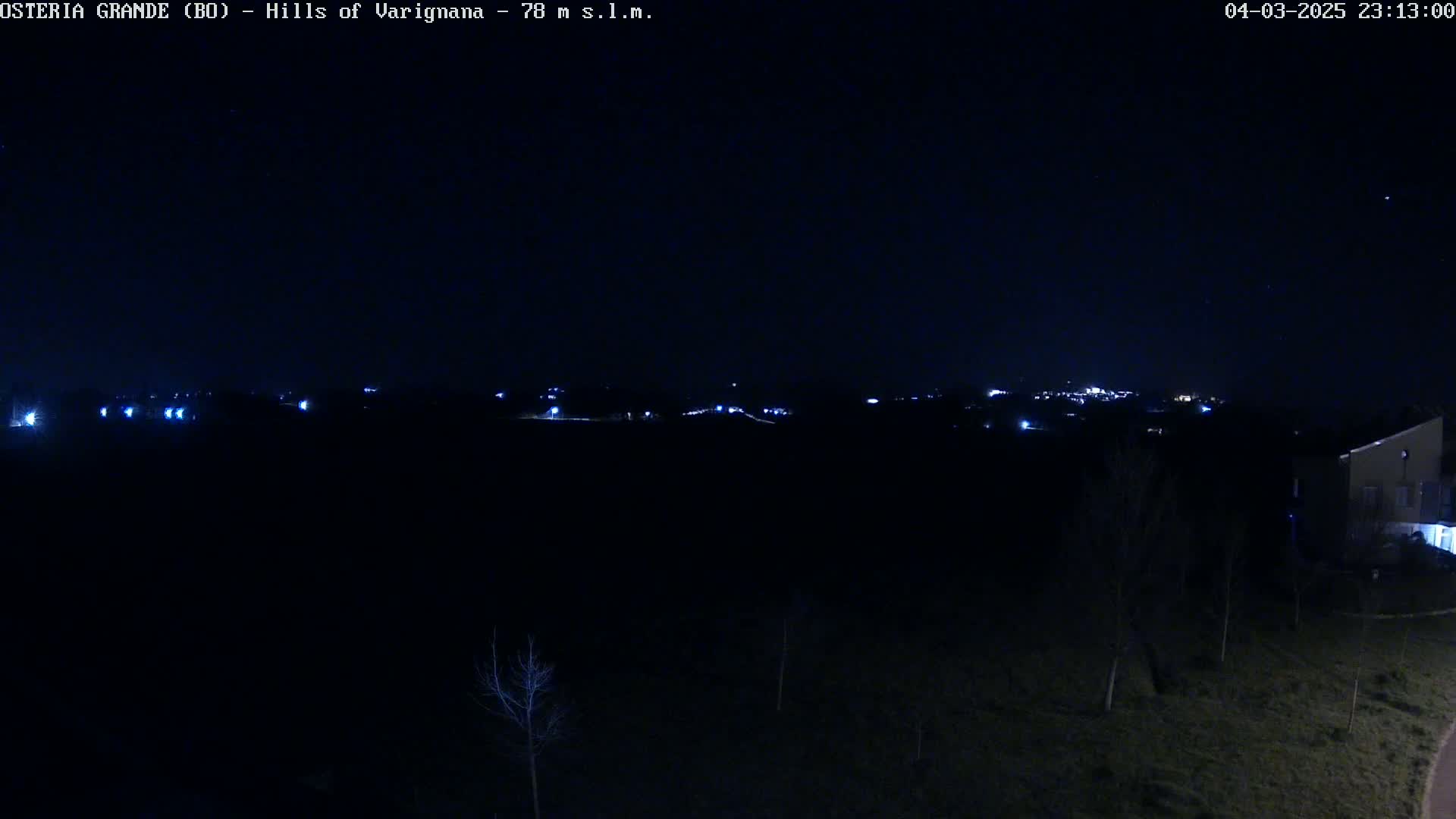 A dark, nighttime landscape shows a distant line of faint lights from a town or village under a clear, starlit sky.