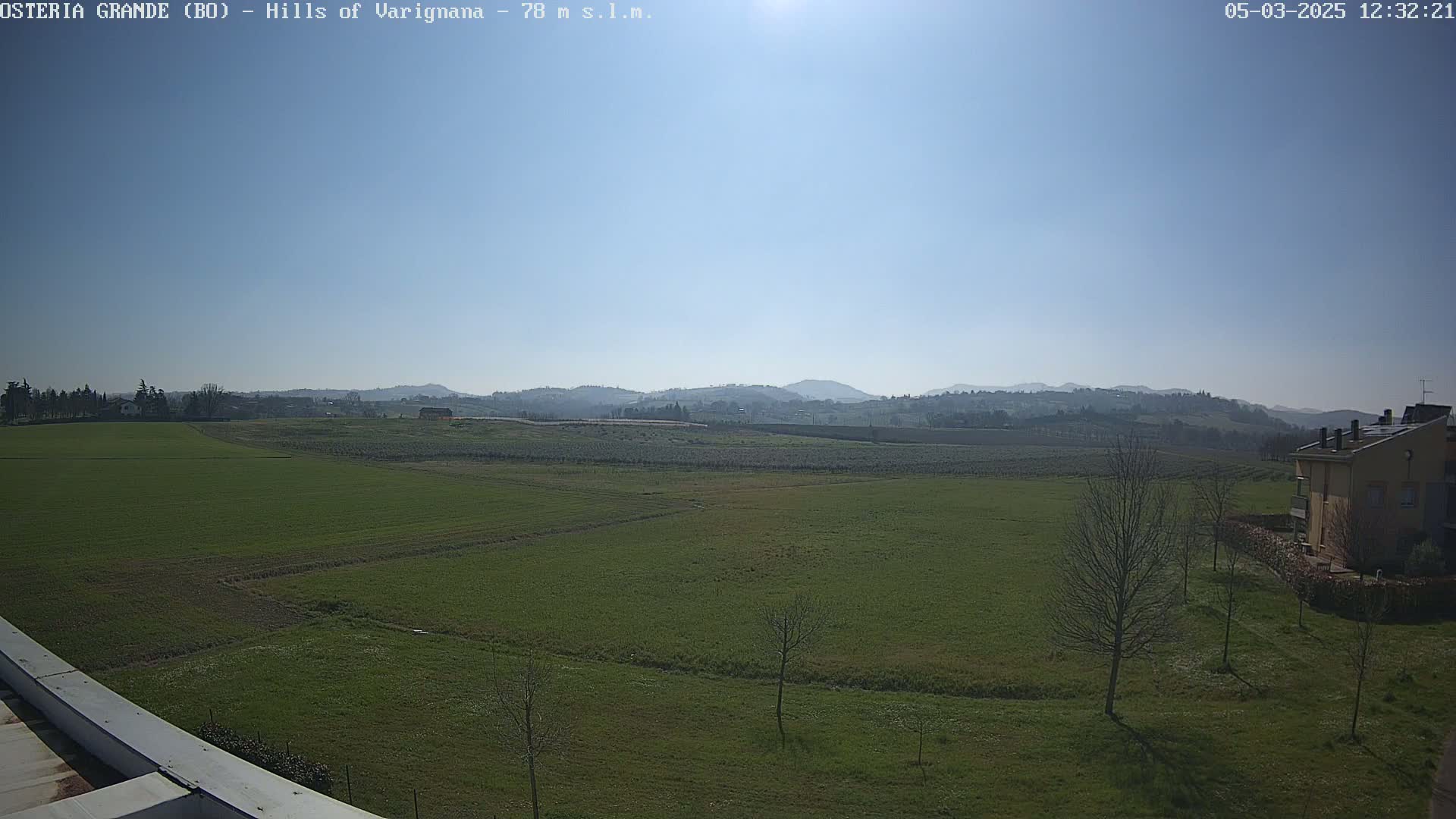 A sunny day reveals a vast expanse of green fields, a few bare trees, and distant hills under a clear blue sky.