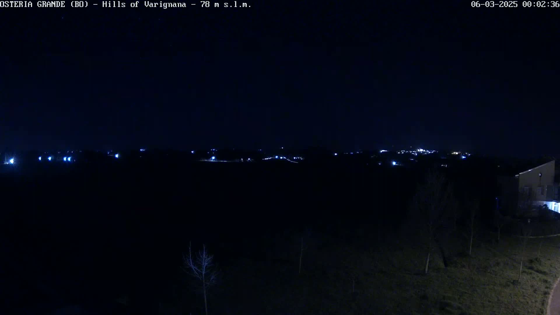 A nighttime view shows a dark landscape with a distant line of lights and a few bare trees in the foreground.