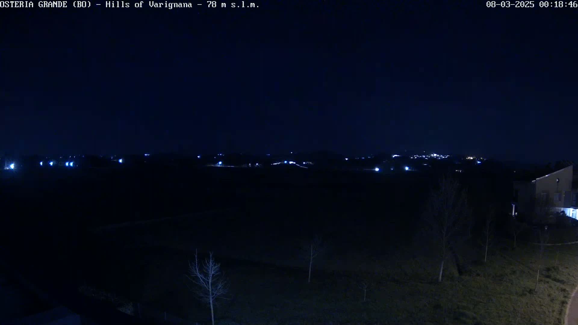 A dark, nighttime landscape shows a distant line of lights, sparse trees, and a building in the bottom right corner under a clear, dark sky.