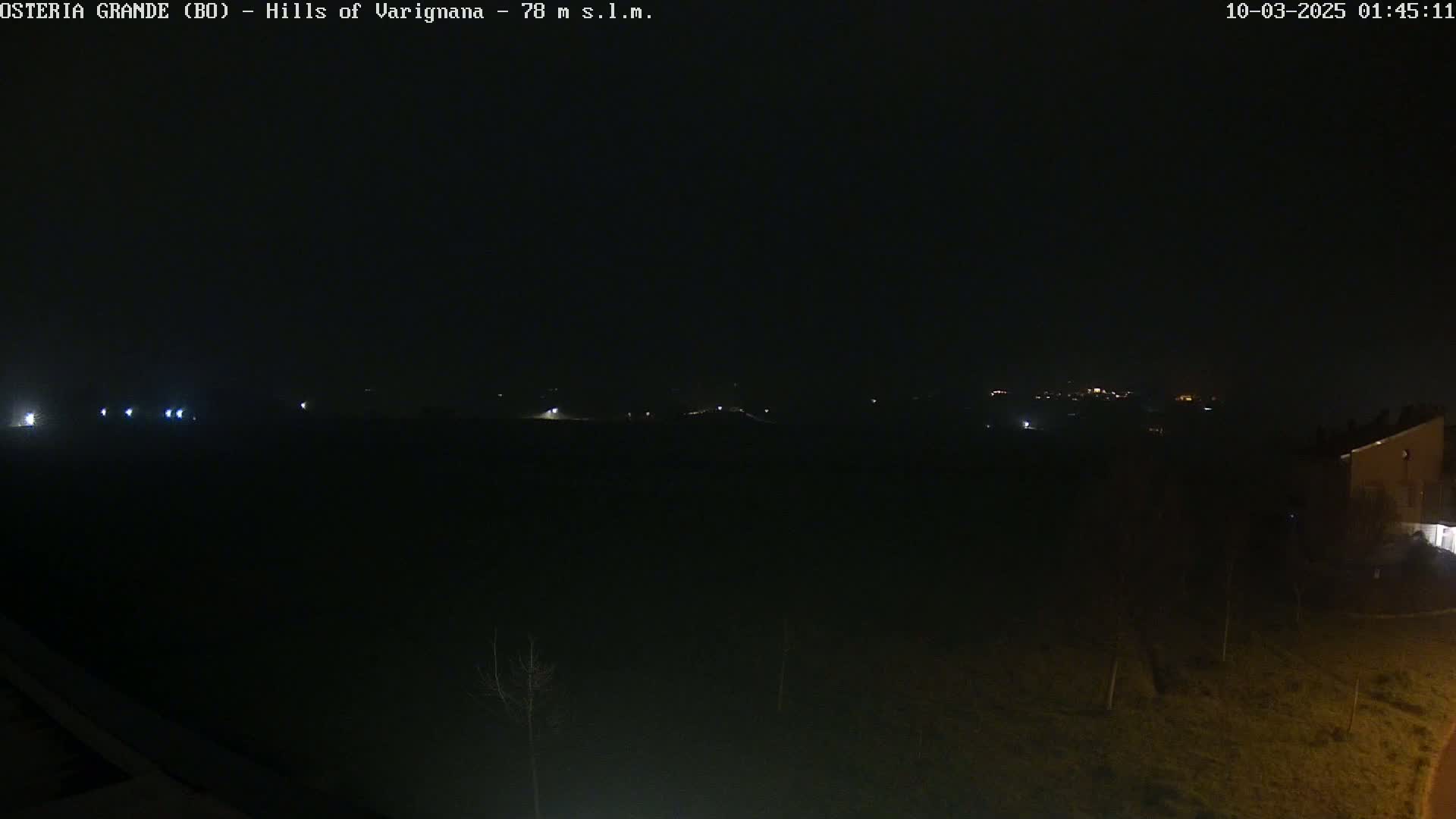 A nighttime, dark landscape shows a few distant lights on a hill and some sparse vegetation in the foreground under a clear, dark sky.
