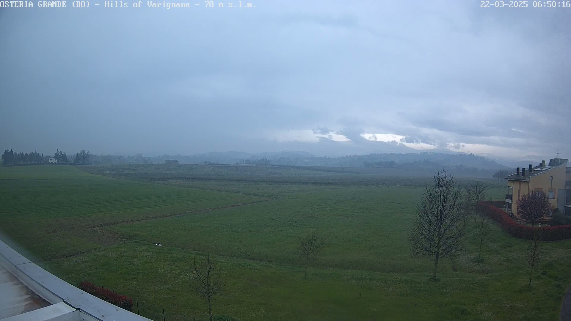 A wide, overcast view of a flat, green field dotted with bare trees and a few buildings, with hazy hills in the distance.