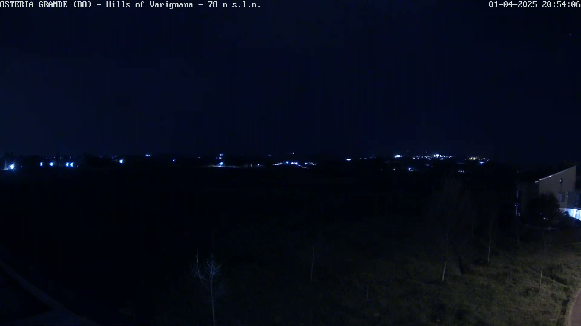 A nighttime view of a dark landscape with a distant line of lights from a town or village under a clear, dark sky.