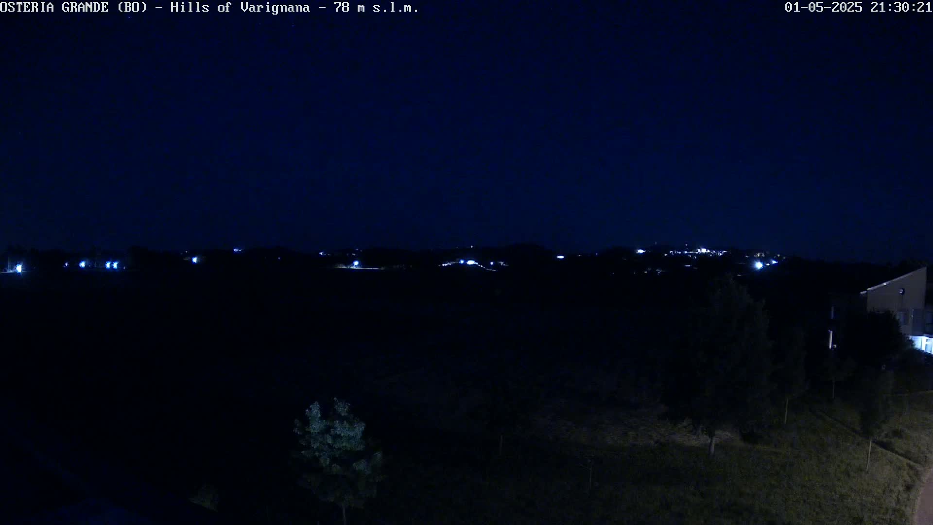 A nighttime, dark view of distant lights on a hilltop, with some trees and a building visible in the foreground under a clear, dark sky.