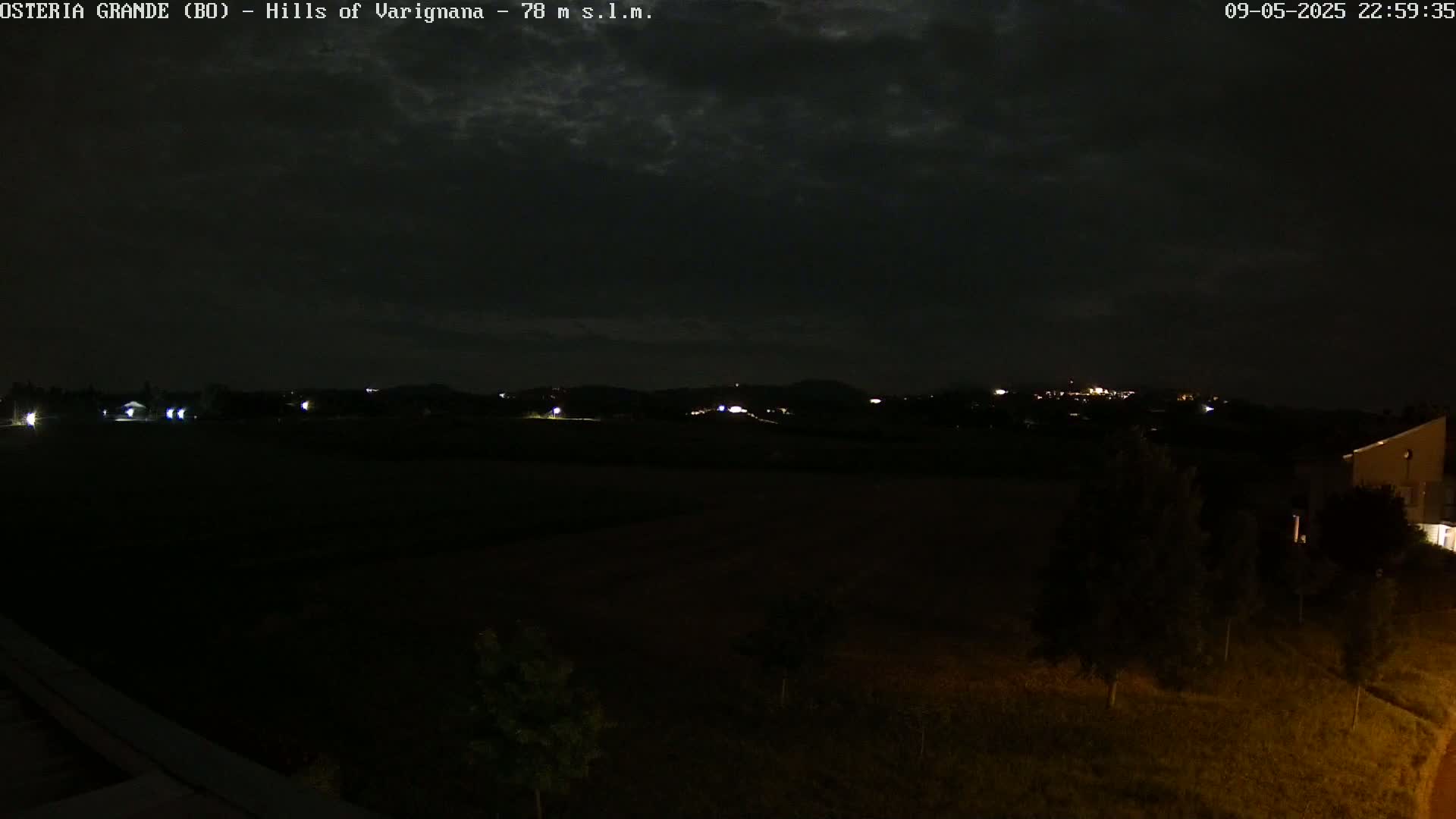 A nighttime view of a dark, mostly flat landscape with a few distant lights and some trees in the foreground under a cloudy sky.