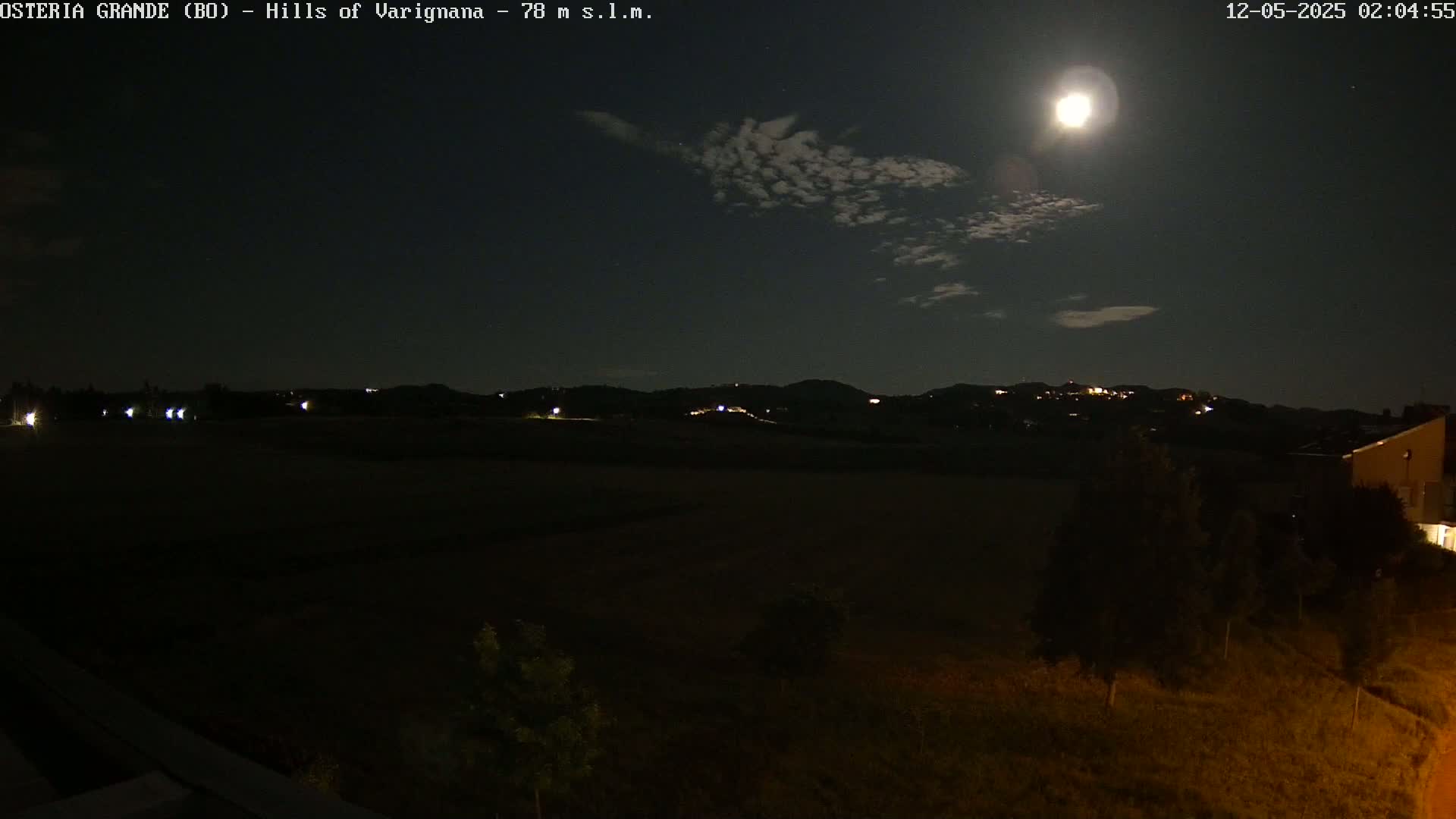 A bright moon illuminates a dark landscape of rolling hills at night, with a few scattered lights visible in the distance and some sparse vegetation in the foreground.