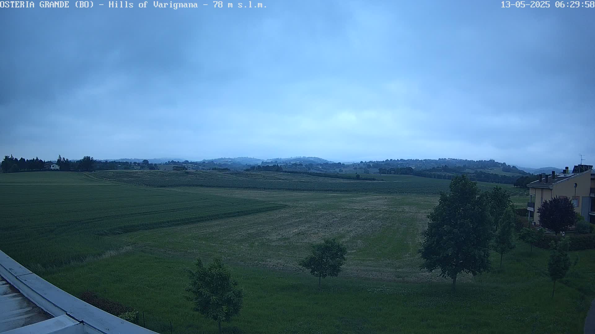 A partly cloudy, overcast sky looks down on a vast, flat expanse of green farmland, dotted with trees and a distant building.