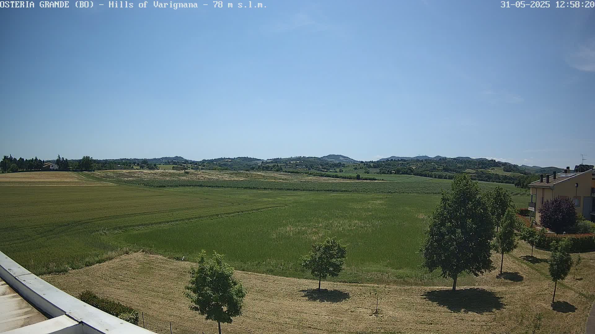 A vast green field stretches to rolling hills under a clear blue sky.
