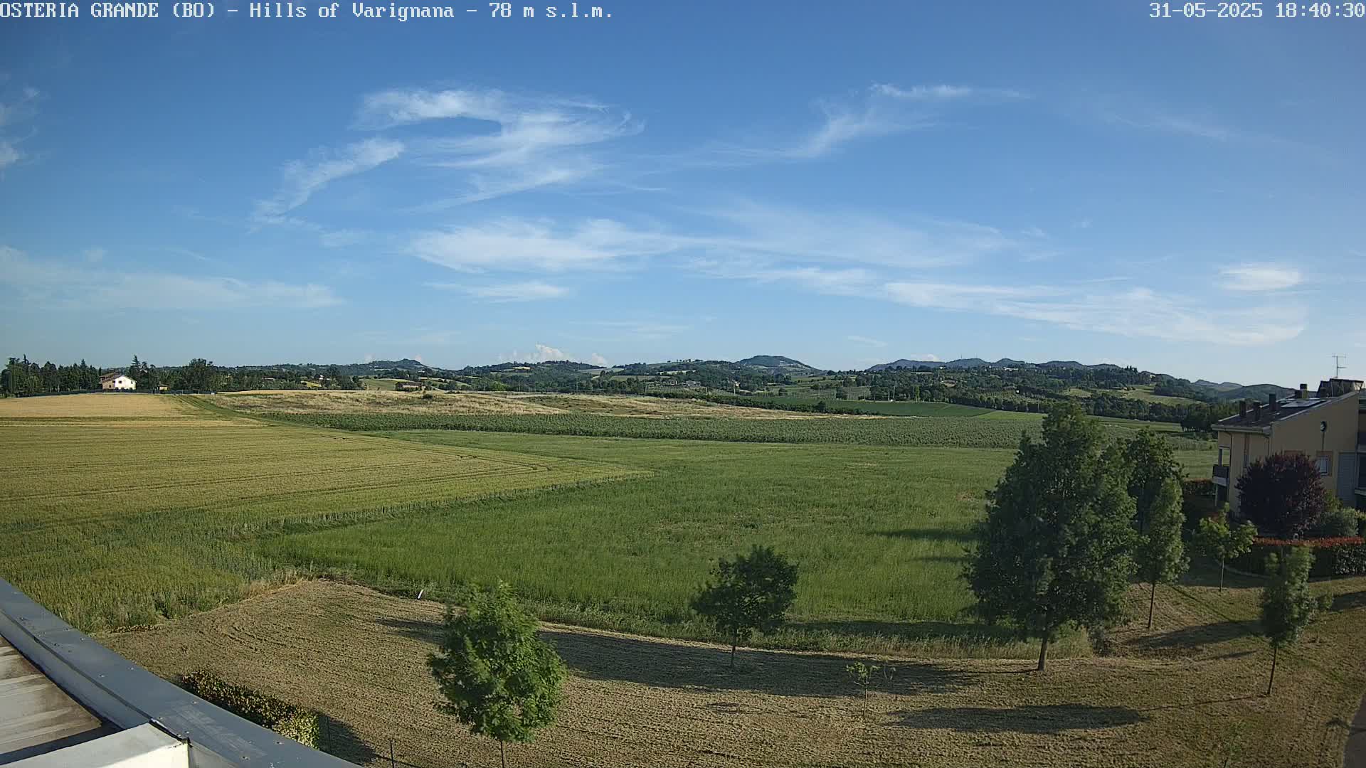 A mostly sunny day shows a wide expanse of green and gold fields, a few buildings in the distance, and some trees near a building in the foreground.